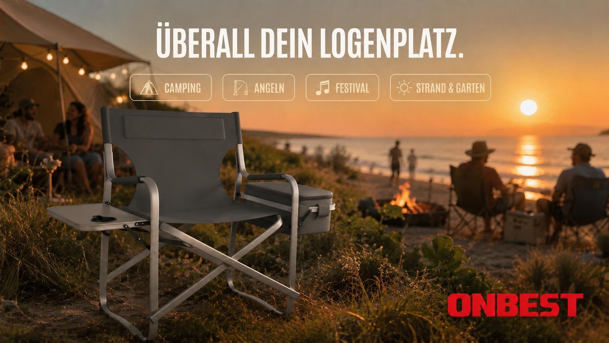 ONBEST Campingstuhl | mit 16L Kühltasche | Seitentisch | 150 kg | Getränkehalter | Oxford 600D*300D Gewebe