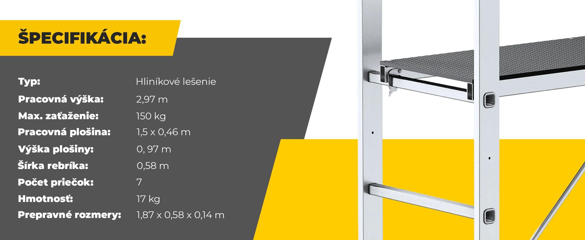 Drabest | Hliníkové lešenie – Hliníkové lešenie 2×7 – Rebríkové lešenie – Nosnosť plošiny: 150 kg – Rozmery plošiny: 46×150 cm