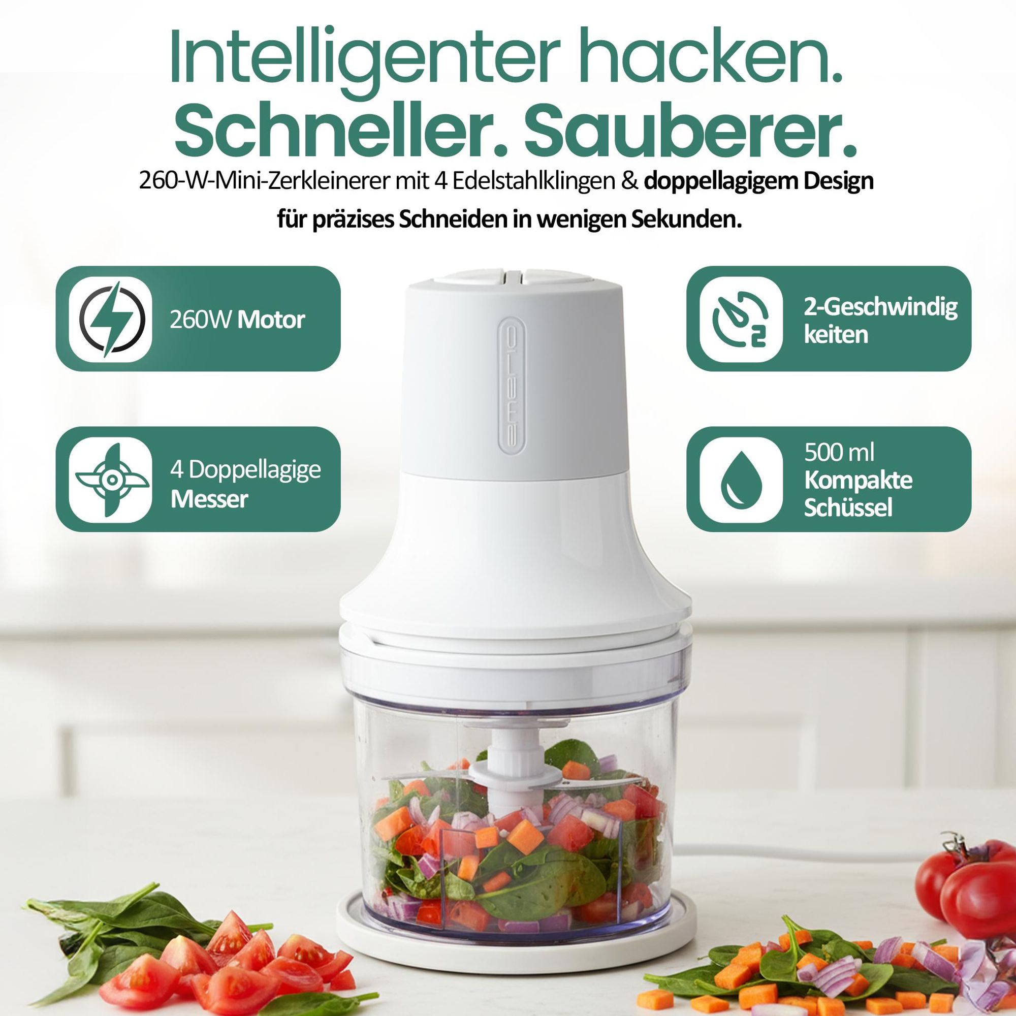 Emerio Zerkleinerer 260 W – 500 ml – 2 Stufen – Kunststoffbehälter – 4 Edelstahlmesser – rutschfeste Füße – Kabelaufbewahrung – MC-122649.2