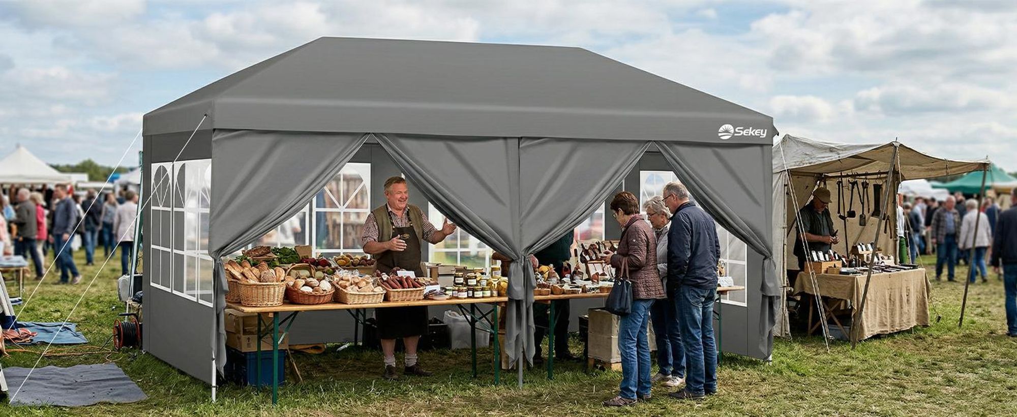 Sekey Faltpavillon 3x6 m wasserdicht UV50+ Gartenpavillon Partyzelt mit 6 Seitenteilen höhenverstellbar, Grau