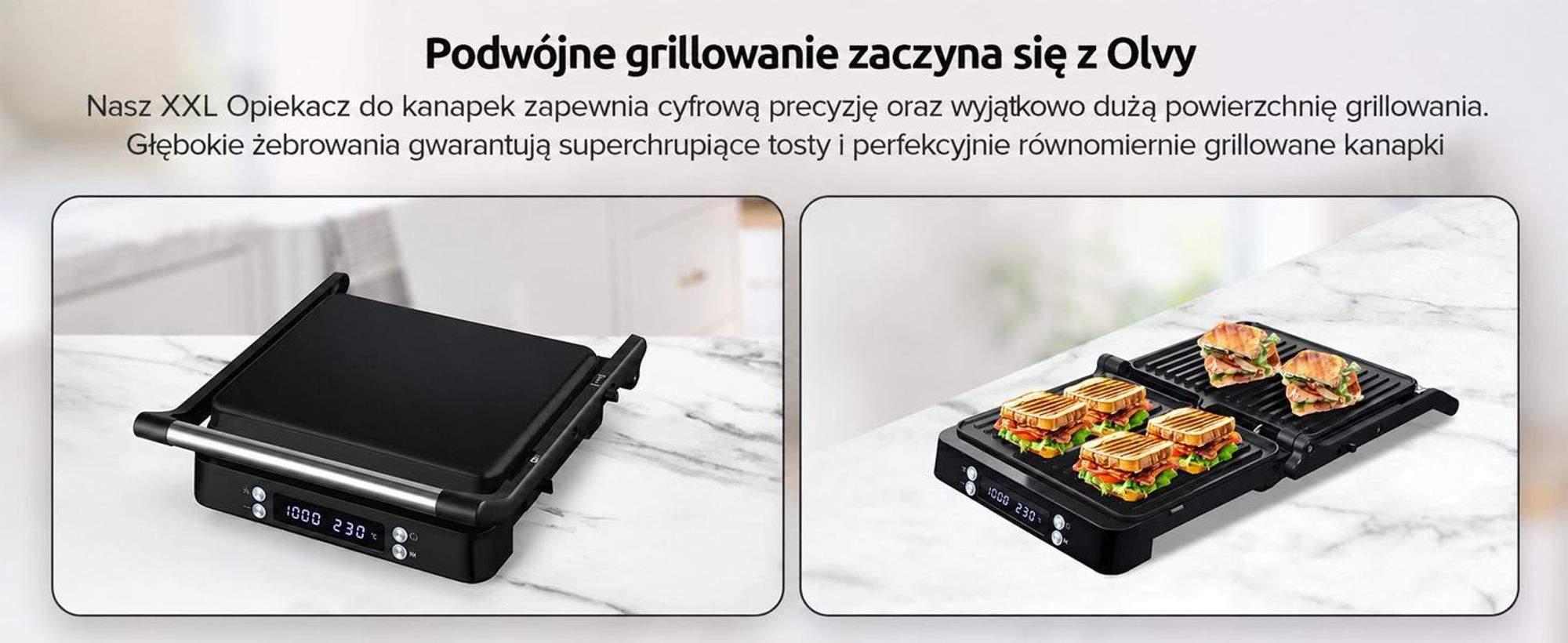 Grill kontaktowy Olvy XXL 2000W - opiekacz do 4 kanapek, opiekacz do panini z 7 programami, grill stołowy z wyświetlaczem, bez PFAS, regulacja do 230°