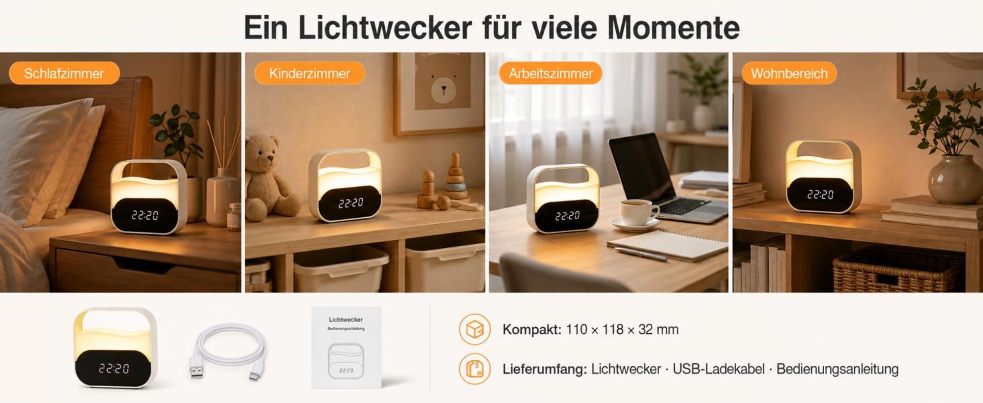 LED-Lichtwecker, Digitaler Wecker mit 2000 mAh Akku, 3 Farbtemperaturen, USB-Aufladung, stufenlos dimmbares Nachtlicht, 2 Alarmzeiten, Stimmungslicht
