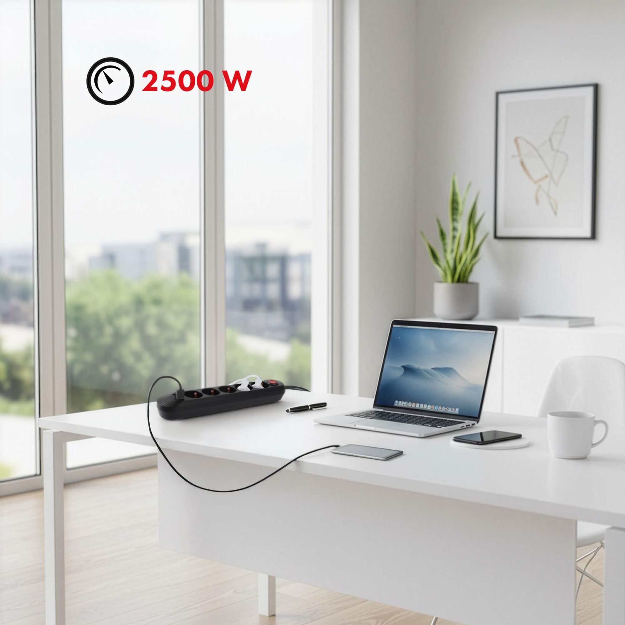 Maclean Steckdosenleiste 5 Steckdosen-Verlängerungskabel + 3xUSB 110-240V AC 50/60Hz 2,1A max 2500W 1,5m schwarz MCE395 B