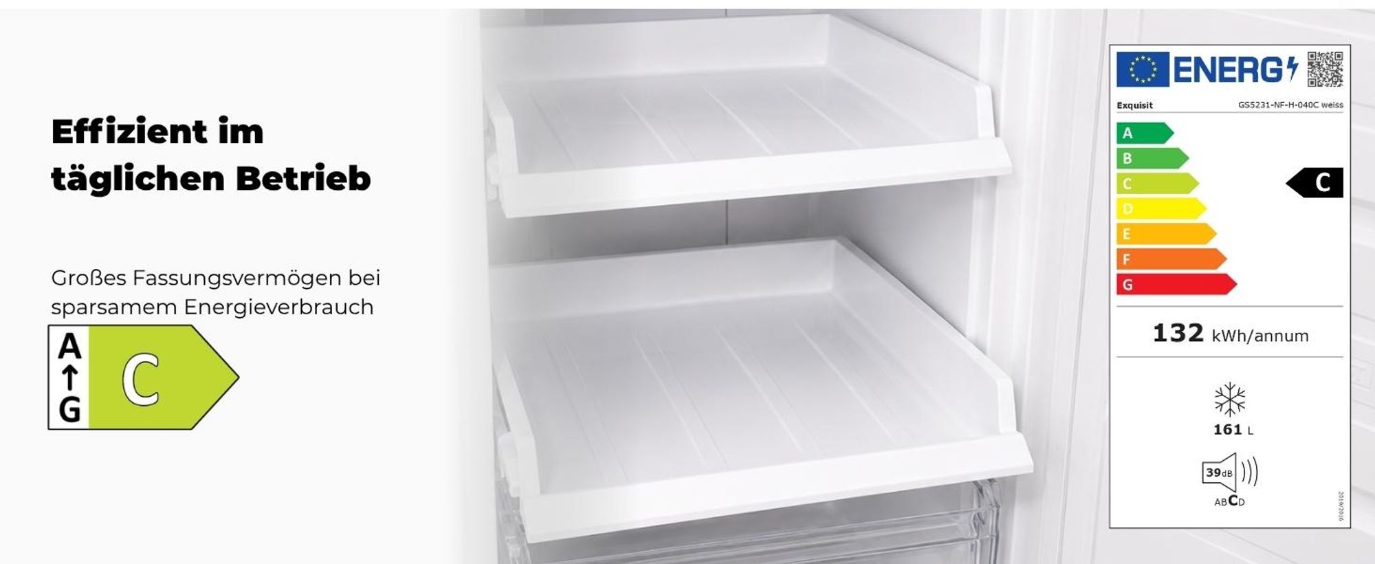 Exquisit Gefrierschrank GS5231-NF-H-040C weiss | 161 l Nutzinhalt | 4*-Gefrieren | Alarm-Funktion | Schnellgefrieren | NoFrost
