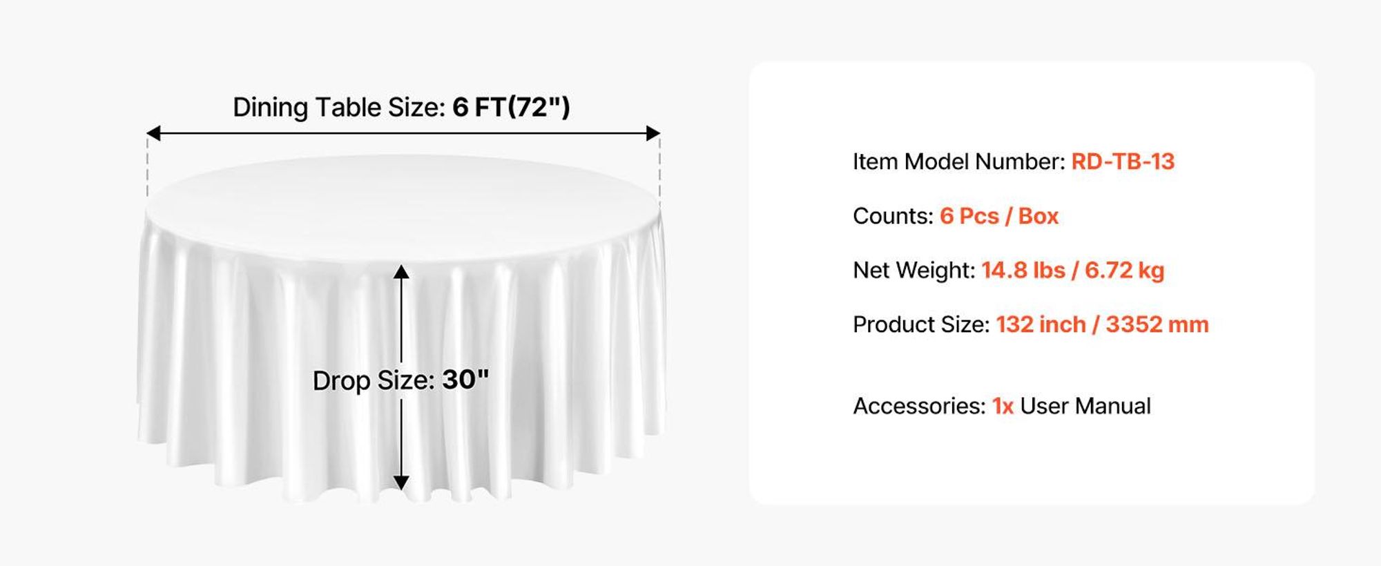 VEVOR 6 Stk. runde Tischdecken Tischwäsche 3352 mm, knitterfreier Tischdeckenschutz, maschinenwaschbares Tischtuch aus Polyestergewebe für Partys Hochzeiten Bankette formelle Veranstaltungen, Weiß