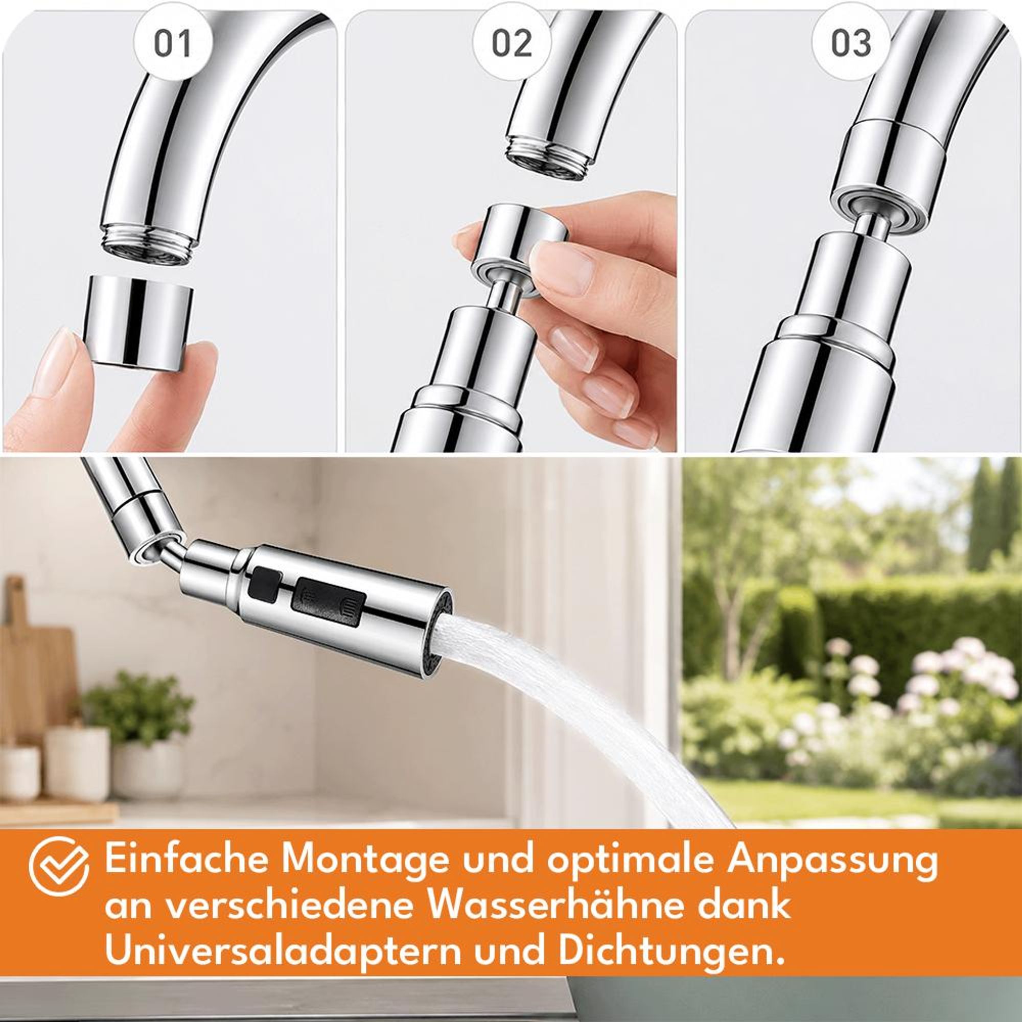 KRUMAD Wasserhahn-Aufsatz, 360° drehbar, Perlator mit 3 Wasserstrahlmodi, Wasserhahn Verlängerung, Strahlregler für Küche und Bad