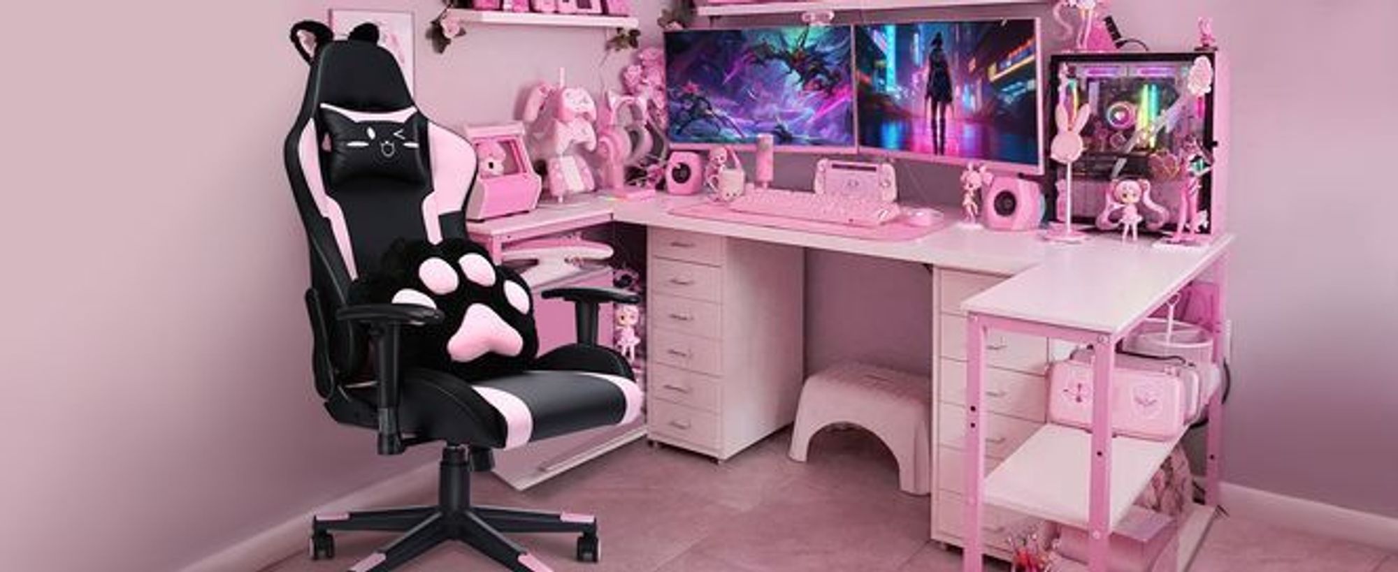 HomeMiYN Ergonomischer Gaming-Sessel mit Katzenohren, farbigen Lichteffekten und Lautsprechern