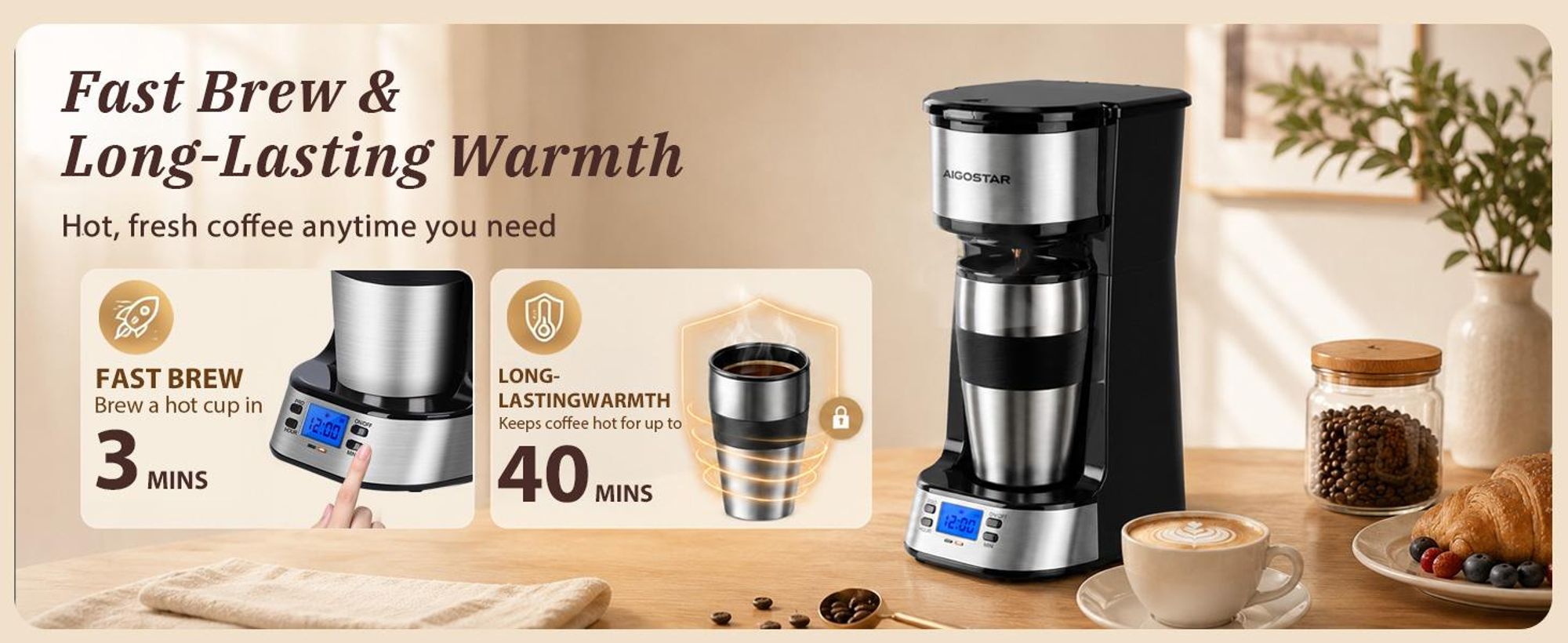 Aigostar - 420 ml Filterkaffeemaschine Mit 24h-Timer, Kaffeemaschine mit Thermobecher, , LCD-Anzeige