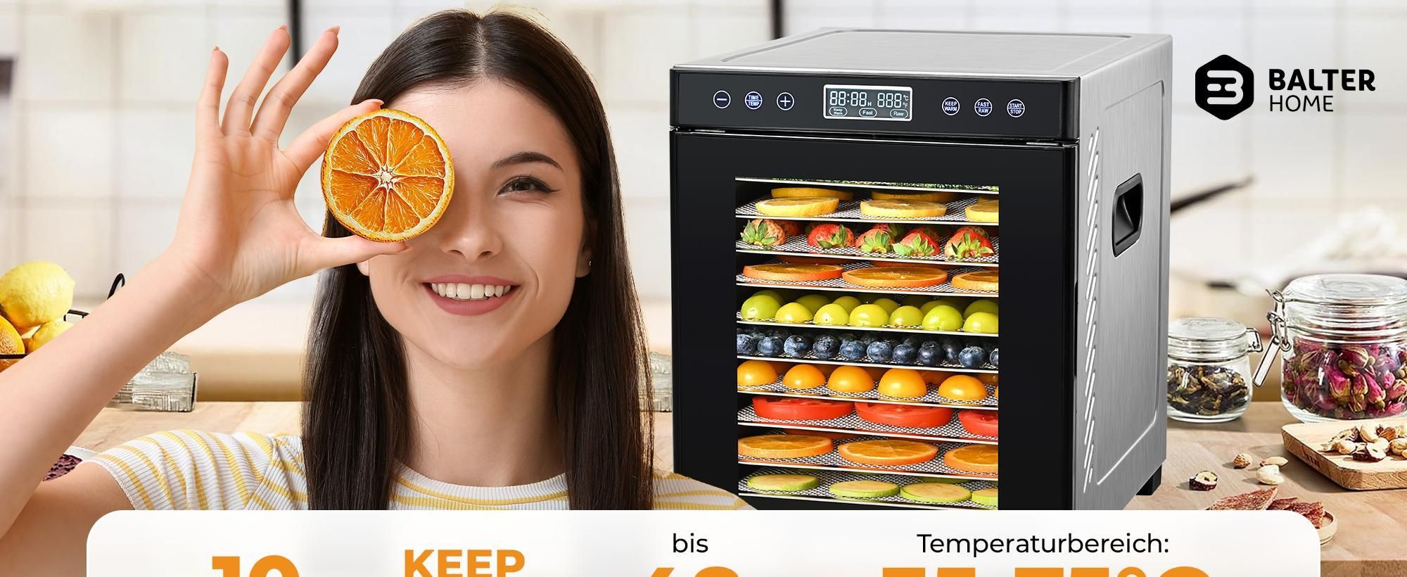 Balter Dörrautomat Edelstahl mit 10 Etagen, 700 W, Dörrgerät, LED-Display, 48-Stunden-Timer und Temperaturregelung, Dehydrator, BPA-frei