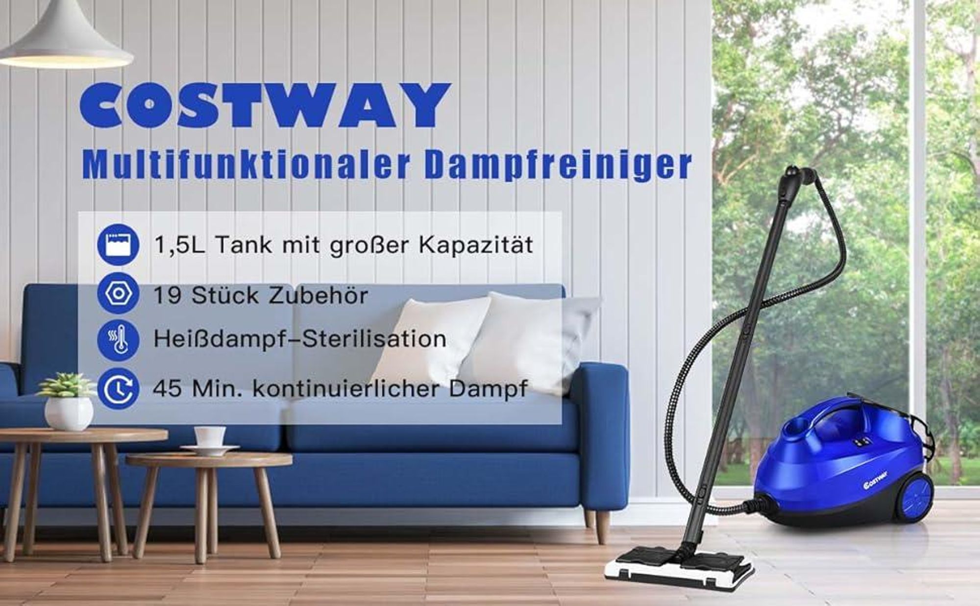 COSTWAY Dampfreiniger 2000W, 4 Bar, 1,5L Tank, bis 108℃, Dampfzeit bis 45 Min. & LED Warnlicht, Bodendampfreiniger mit 18 Zubehörteilen Blau