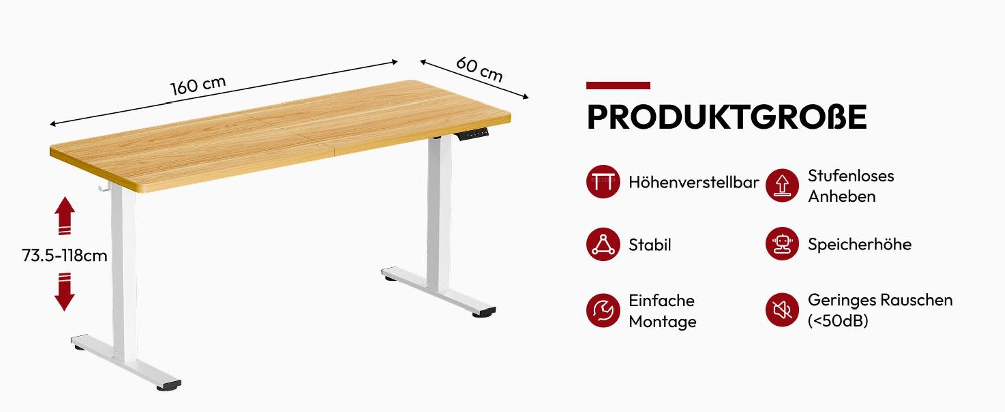 SANODESK Höhenverstellbarer Schreibtisch 160x60cm elektrisch 4 Memory-Funktion, Antikollisionsschutz, 70kg Tragkraft, mit Haken und Ablagebox (Ahorn)