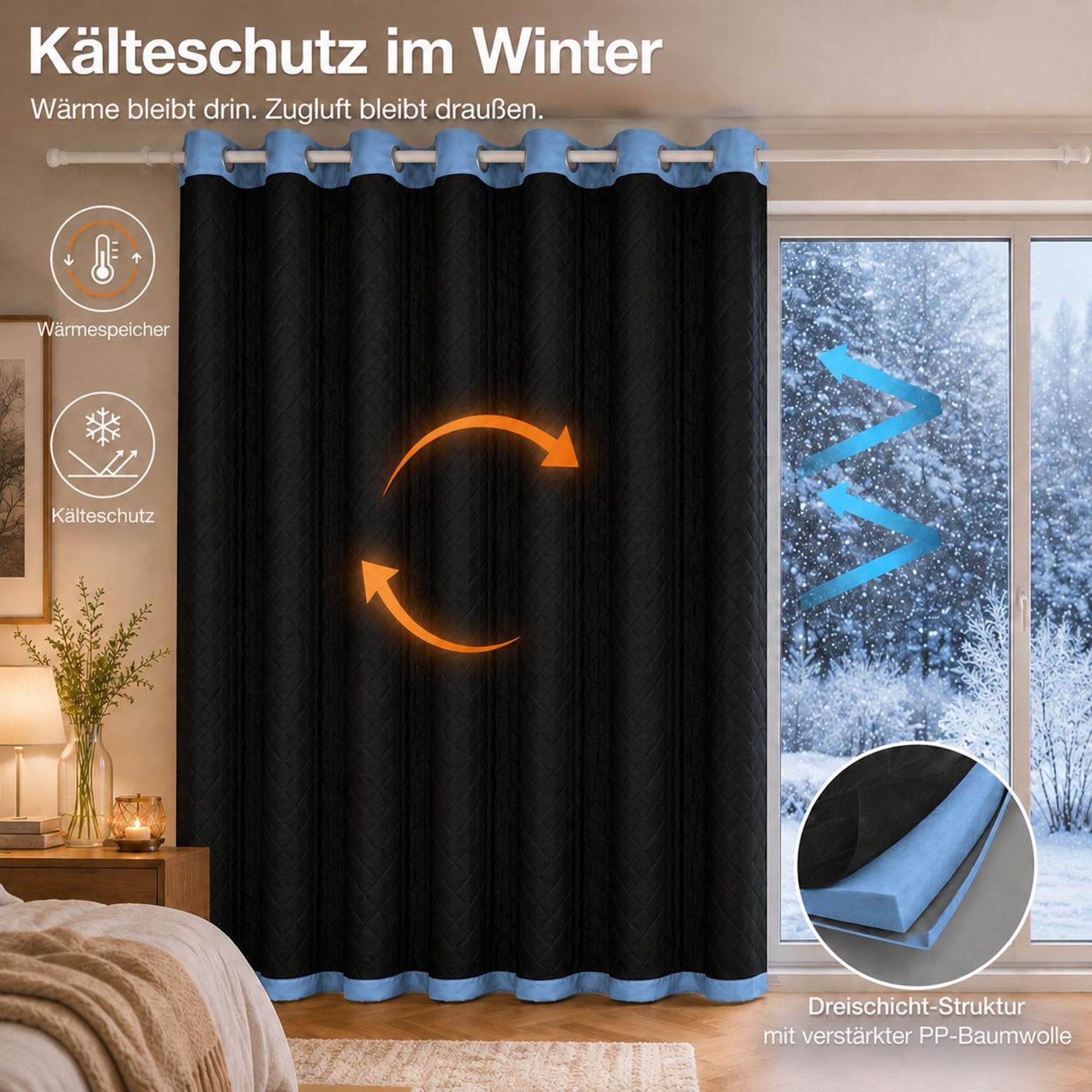1x Outdoor Thermovorhang gegen Kälte und Hitze – Türvorhang, wasserdicht, Verdunkelungsvorhang mit Ösen für Garten Terrasse, Fenstervorhang, 132x244cm
