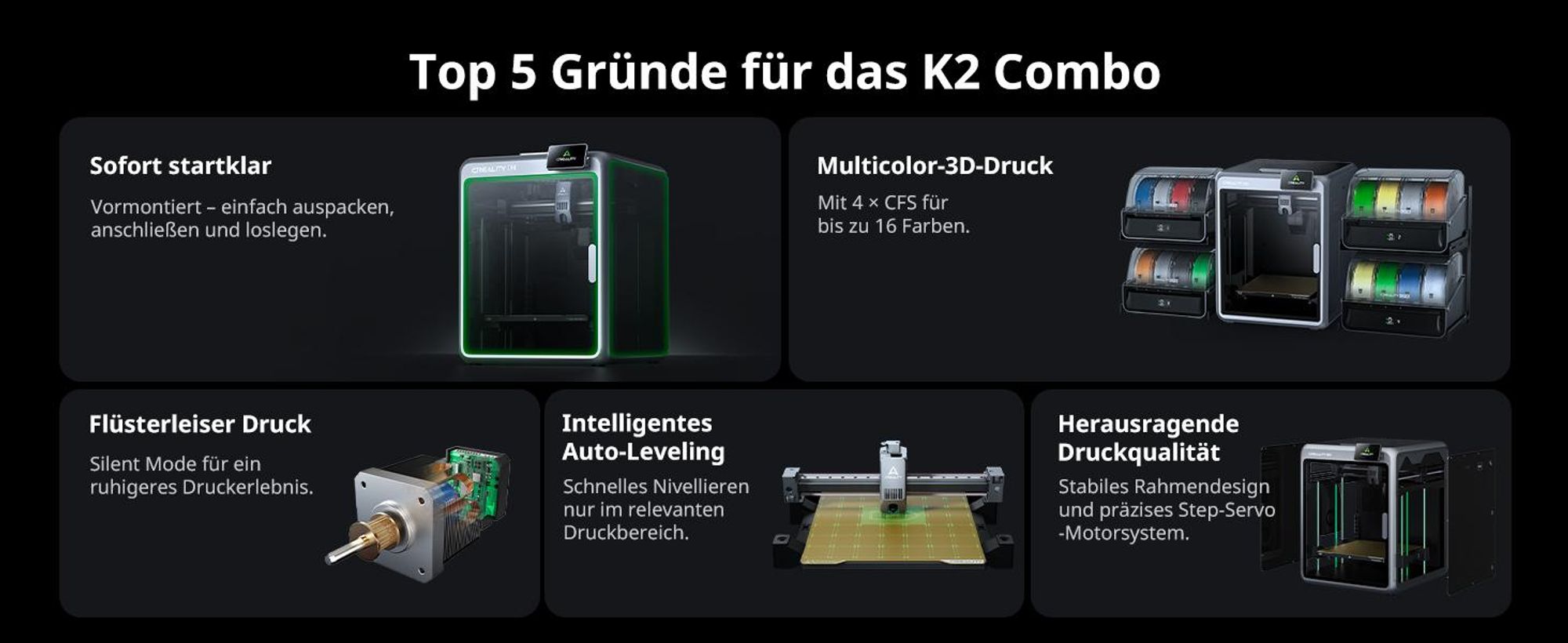 Creality K2 Combo 3D-Drucker, 260×260×260 mm Bauvolumen, Multicolor-Druck mit bis zu 16 Farben, beheizter Druckraum, Dual-AI-Kameras