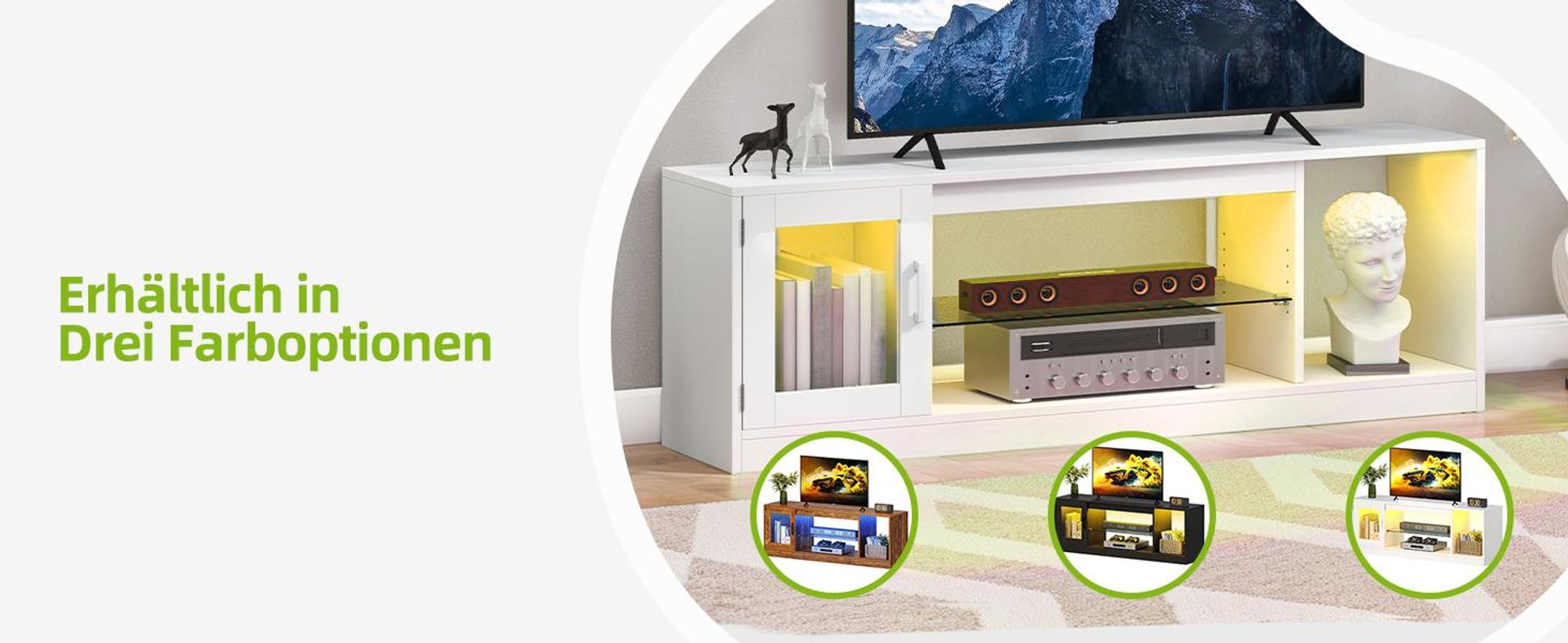 YITAHOME TV-Schrank TV-Regal mit 22 Modi RGB-LED, Lowboard für Fernseher bis 65 Zoll, 148 × 51 × 32 cm, Weiß