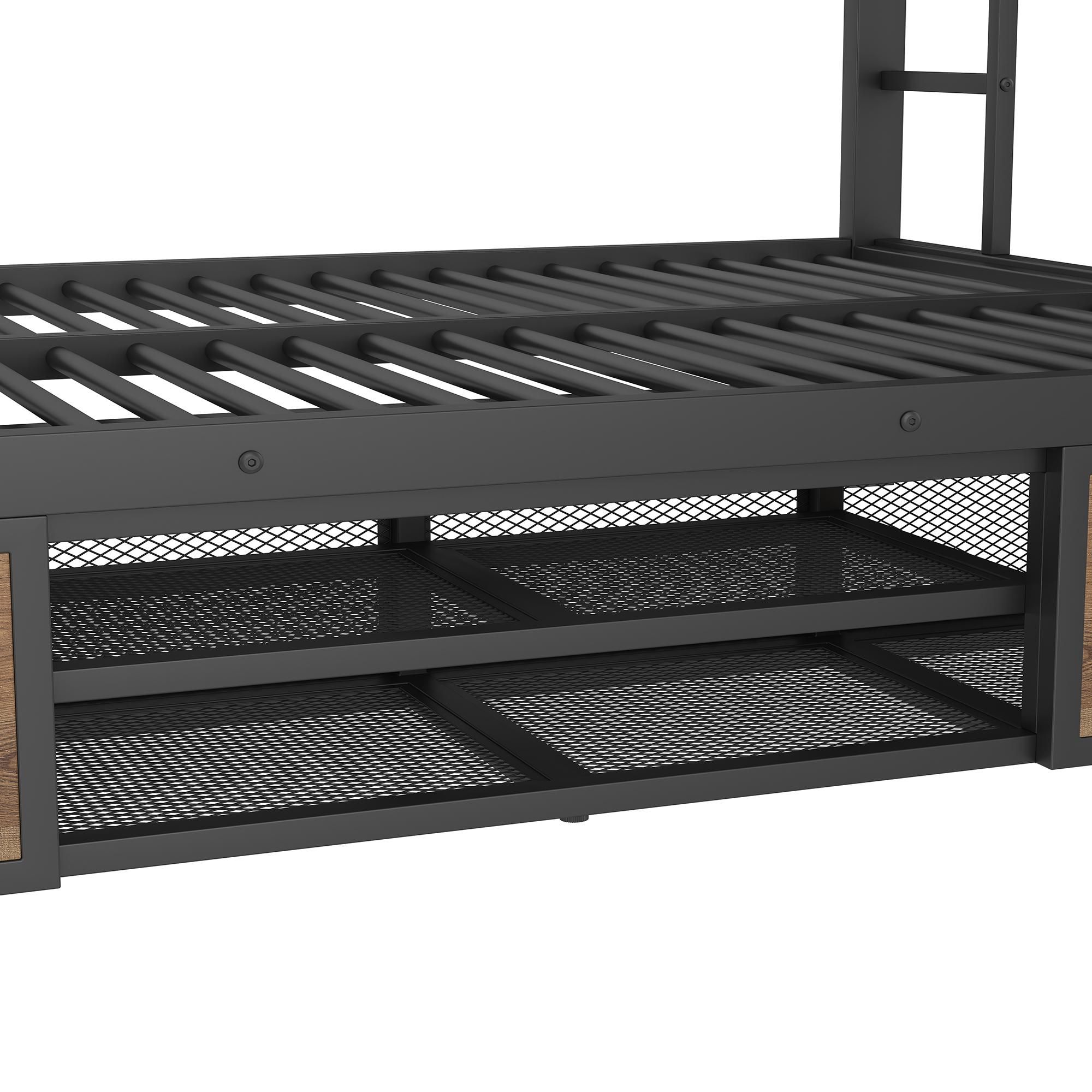Flieks Etagenbett 90x200cm/140x200cm mit Schuhschrank, Kinderbett Hochbett mit Leiter, Metallbett Jugendbett Stockbett, Schwarz