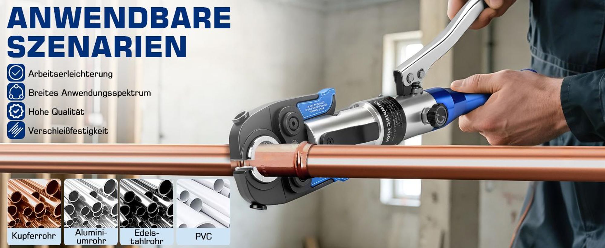 180° Drehbarem Kopf Rohrpresszange Hydraulisch Presszange mit Chromschicht TH + V Kontur Backeneinsätze & Rohrschneider für Kupferrohre Verbundrohr