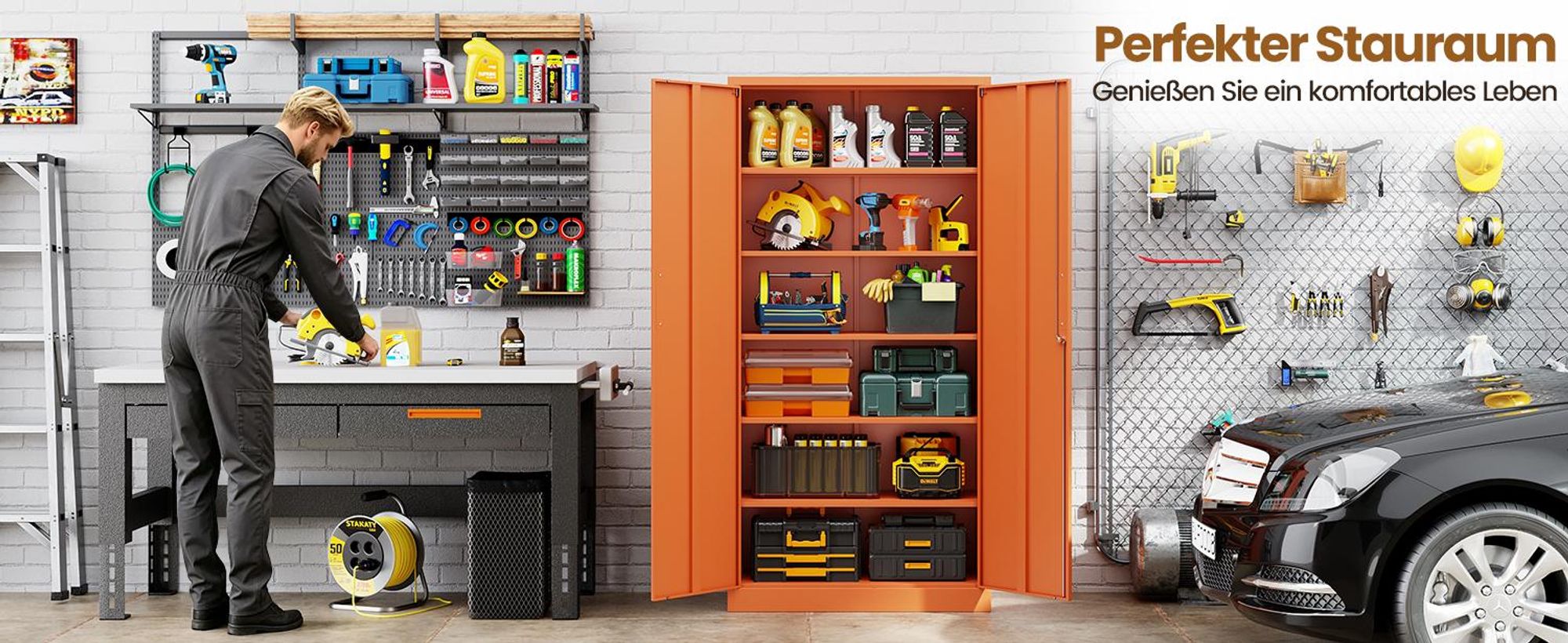 Yizosh Stahlschrank für Büro & Werkstatt | 78x39x170 cm | 6 Böden (à 80kg) | Orange