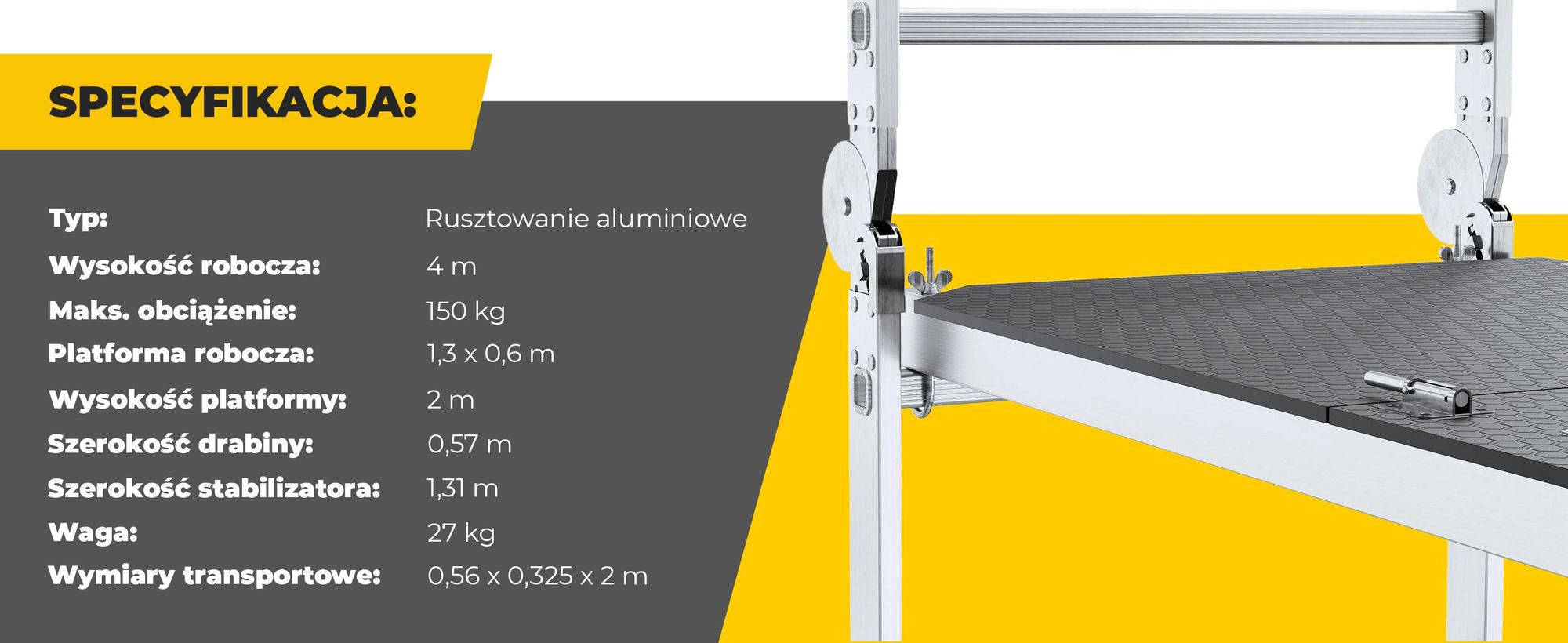 Drabest | Rusztowanie Jezdne Aluminiowe, 3w1, Drabina Przegubowa, Platforma 130 x 60 cm, 4 m, Udźwig 150 kg, Rusztowanie Jezdne