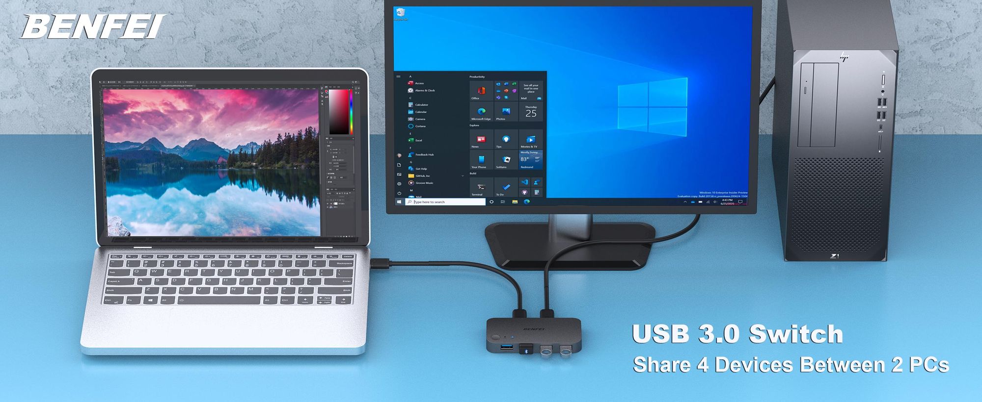 BENFEI KVM-Switches USB 3.0 Switch 2 Computer 4 USB Port Teiler