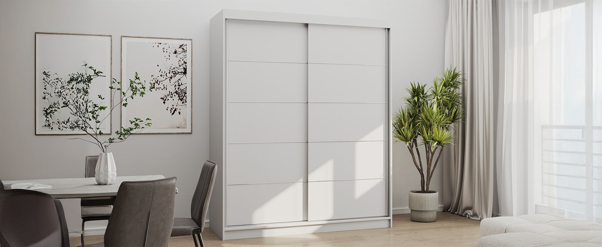 Schwebetürenschrank Kleiderschrank Schrank 160 cm Weiß/Weiß mit Zierleisten Bono 06