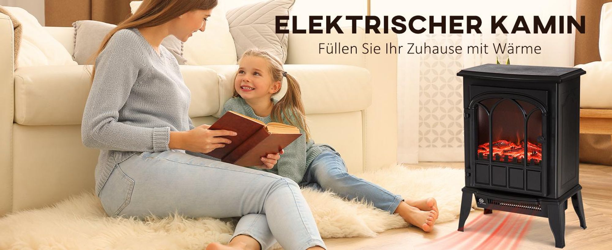 HOMCOM Elektrokamin, Geräuscharmer Standkamin mit Flammeneffekt, 2000W Kaminofen