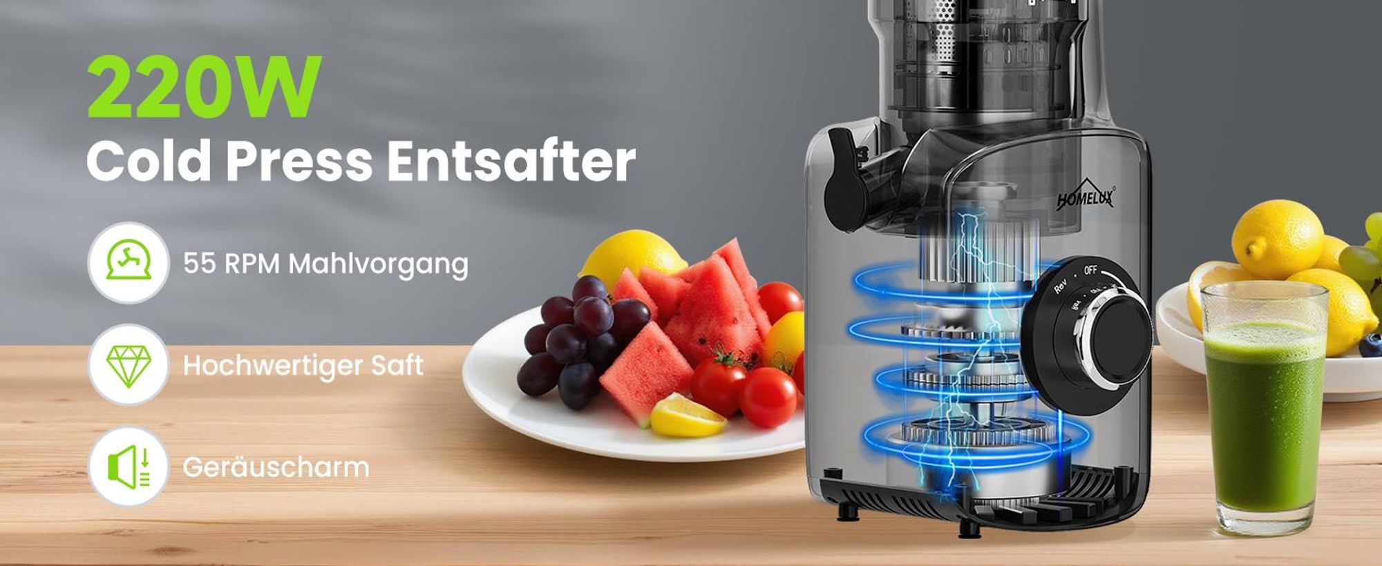 HOMELUX Entsafter 220W Slow Juicer 126 MM Einfüllschacht für Ganze Gemüse und Obst Kaltentsafter Elektrische mit 2 Tassen Reinigungsbürste, Silber