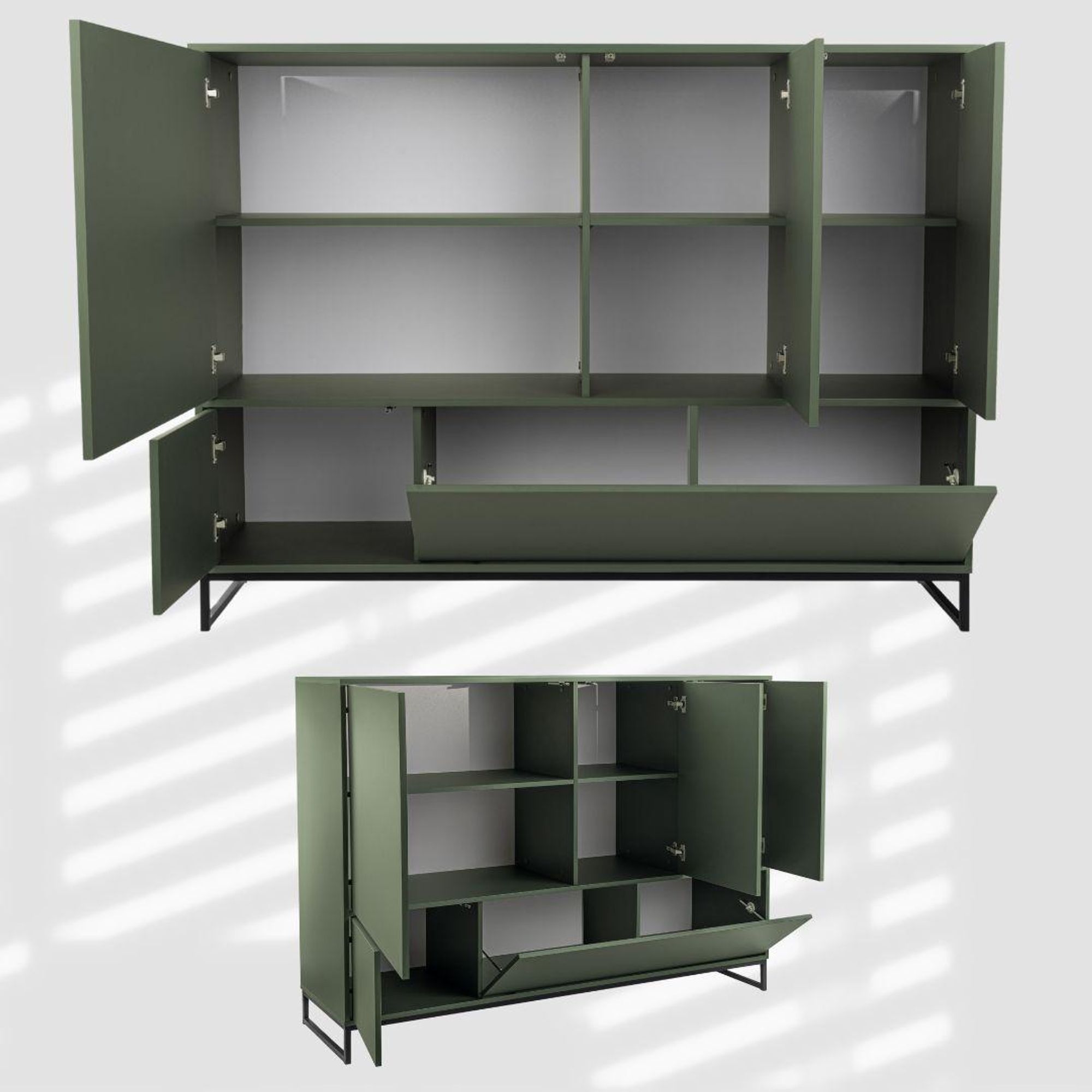 BETTSO Kommode GENUA Türkommode für Wohnzimmer und Schlafzimmer Flaschengrün Metallbeine 160x45x120