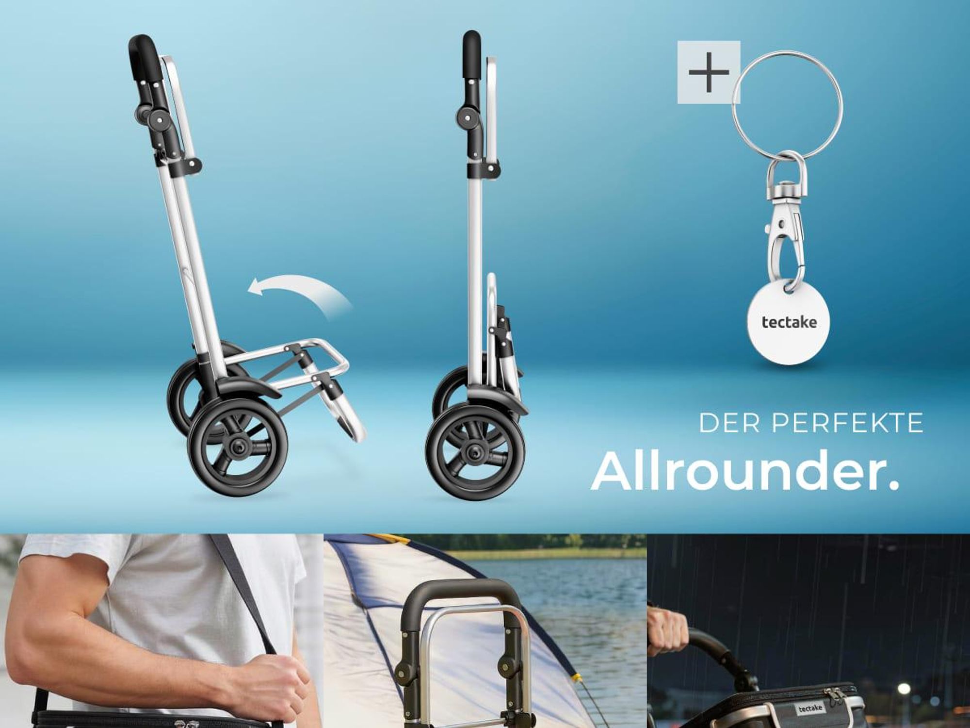 tectake Einkaufstrolley 3-in-1 klappbar mit Kühltasche Trolley Umhängetasche Sackkarre 56 l Aluminiumgestell Profilräder großer Stauraum,