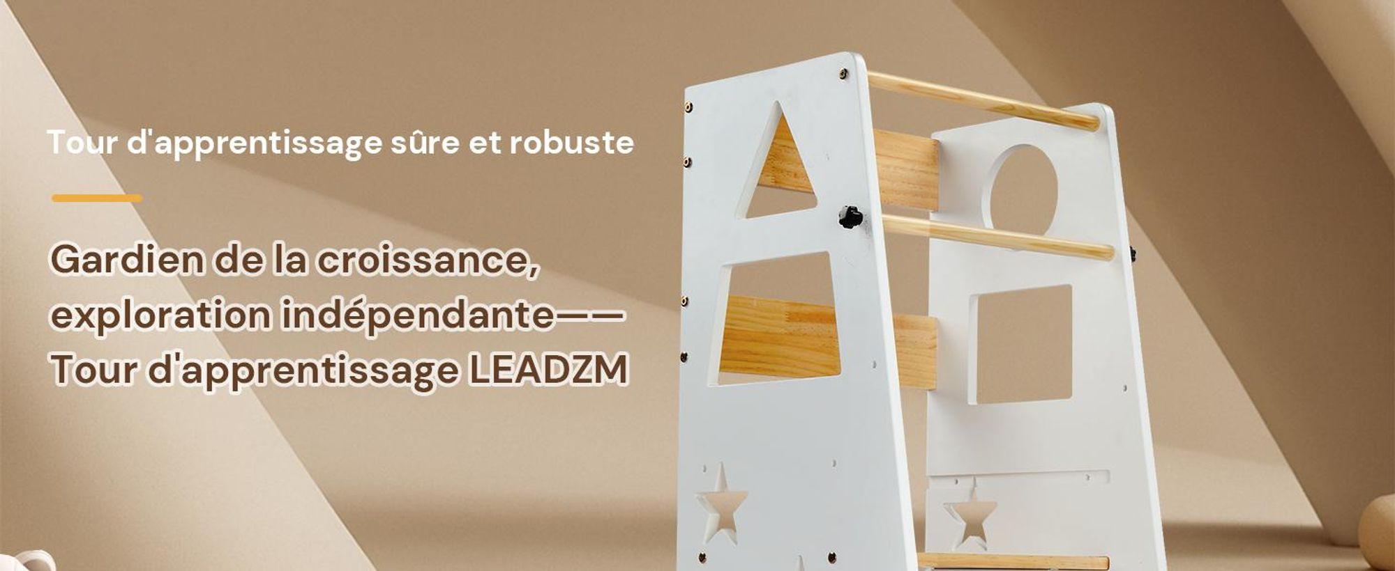 FCH Lernturm Für Kinder, Montessori Lernturm,Kinderhocker, einteilig, 40×45×90cm, Fichtenholz + MDF, Mond-Stern-Muster, Weiß