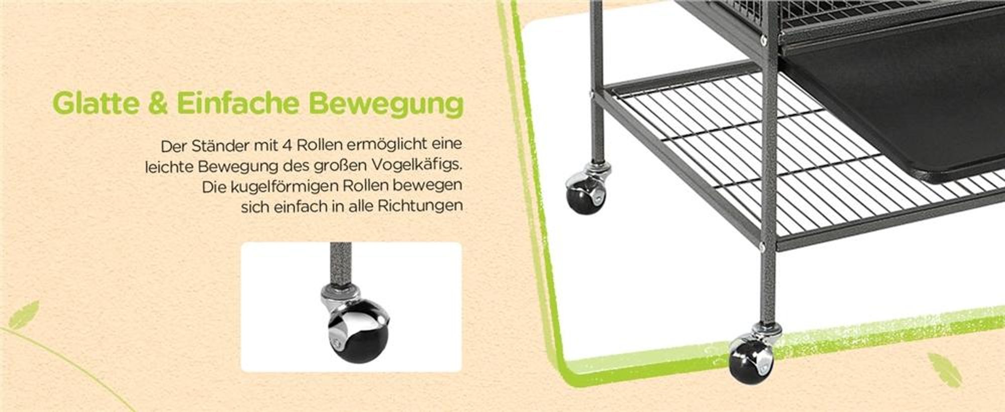 Yaheetech Vogelkäfig mit Ständer, Vogelvoliere mit 3 Holzstangen und 4 Futternäpfen, Wellensittich Käfig mit 4 Rollen, Voliere für Papageien, Schwarz