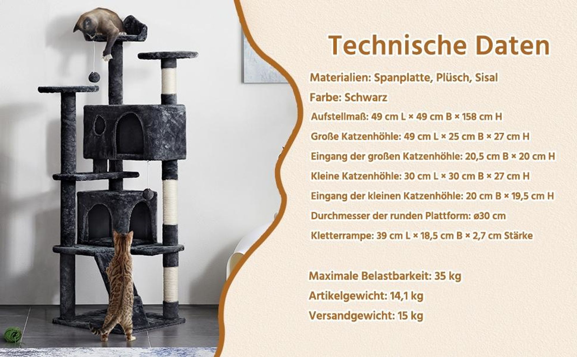 Yaheetech Kratzbaum Katzenbaum Stabiler Katzenkratzbaum Katzenmöbel, Kletterbaum für Katzen Höhe 158 cm, Schwarz