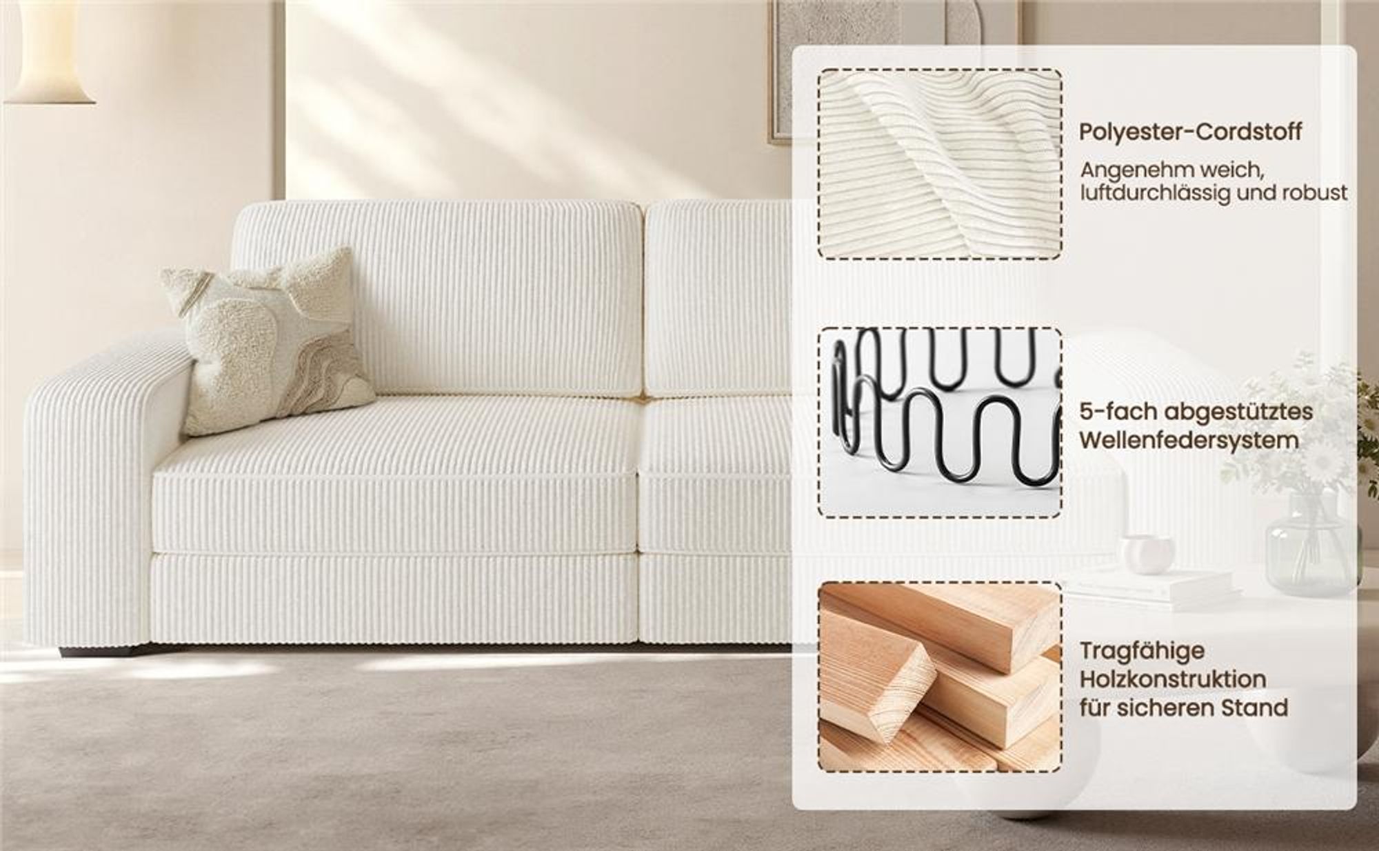 Yaheetech 3-Sitzer Sofa aus Cordstoff, 212 cm breit, Polstersofa mit Kissen & Rückenlehne & Armlehnen, Elfenbein
