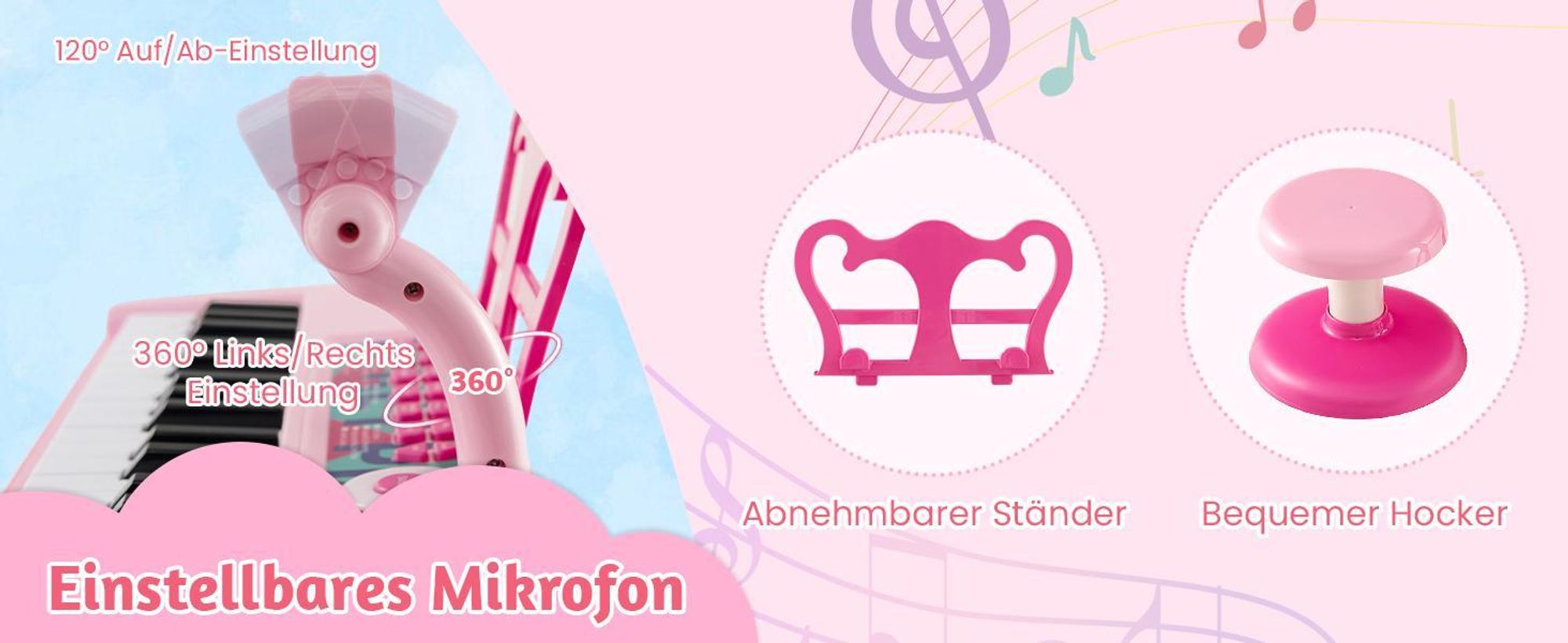 Kinder Keyboard, 37 Tasten E-Piano mit Notenständer & Mikrofon & Hocker, Klavier Spielzeug für Kinder ab 3 Jahren, Belastbar bis 50kg (Blau)