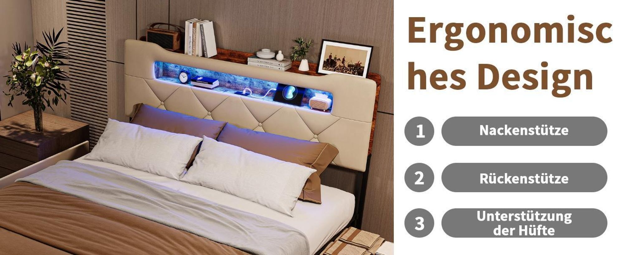 Bett 160 x 200 cm mit LED & USB, gepolstertes Doppelbett mit 4 Schubladen, gepolstertes Bett mit großem Stauraum, bettgestell ,jugendbett ,Beige