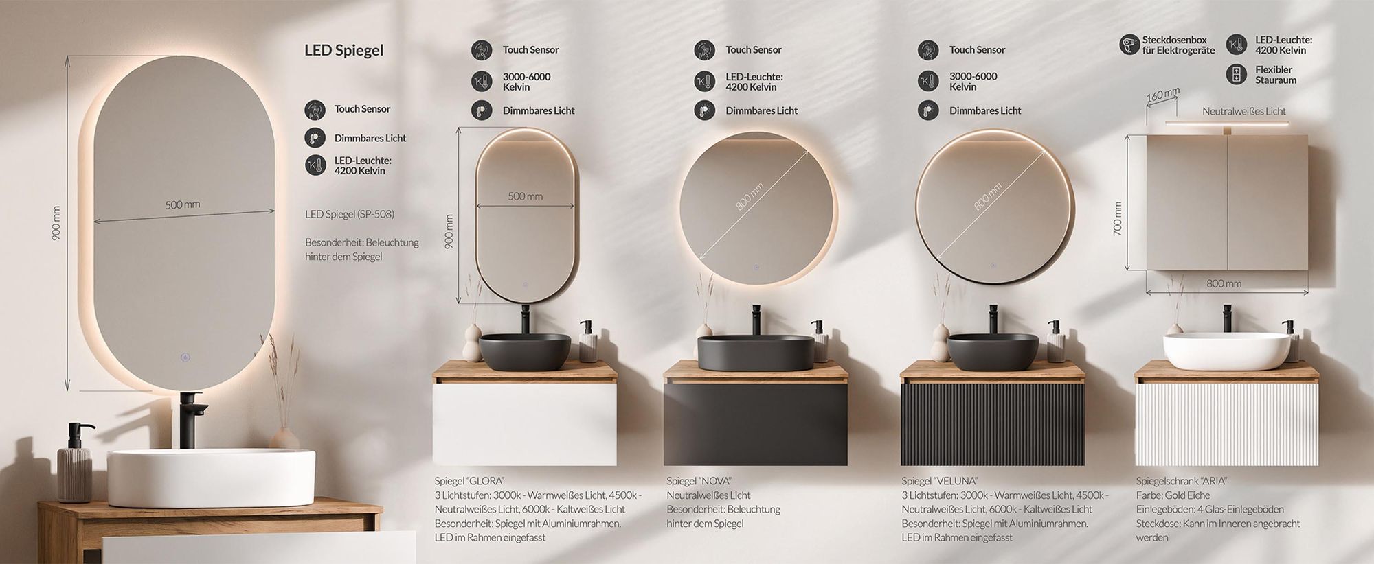 Planetmöbel ARISA Badmöbel Set Weiß – Mit Nova LED Spiegel und weißem Keramik-Aufsatzwaschbecken 55 cm