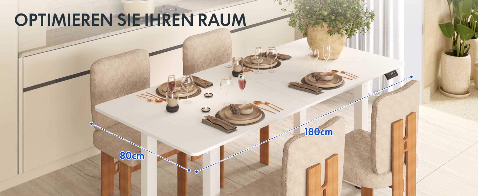 FLEXISPOT Höhenverstellbarer Esstisch Elektrisch, 180x80cm, mit 4-Beinen, 80 kg Tragkraft, 2 Motoren, Anti-Kollisionsschutz, Memory-Funktion (Weiß)