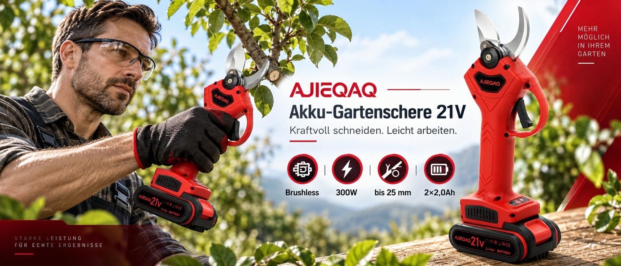 AJIEQAQ Elektrische Gartenschere 21V, Akku-Astschere Brushless, 2×2000mAh Akkus, 25mm Schnittkapazität, SK5 Klinge, Koffer