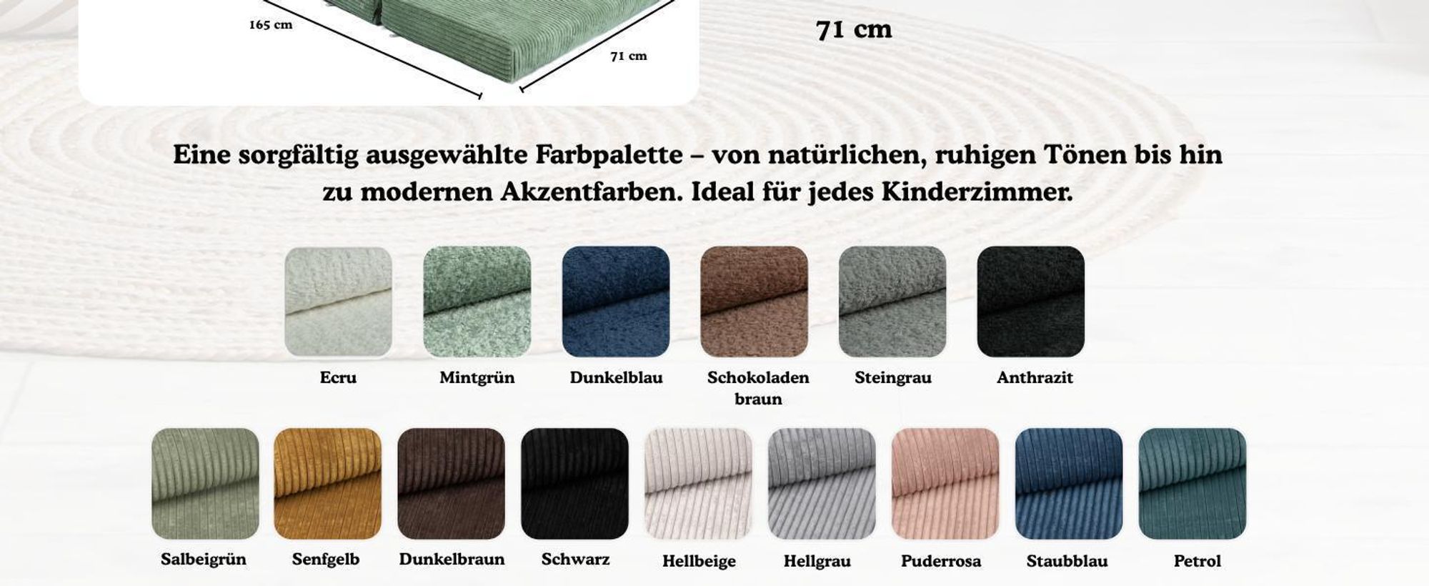 Kindersofa groß Cord in Dunkelblau mit Verlängerung, bequem & klappbar