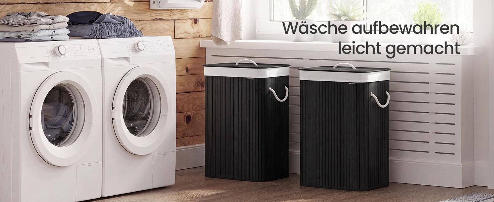 SONGMICS Wäschekorb mit Deckel, 72 Liter, Wäschesammler aus Bambus, faltbar, Schwarz
