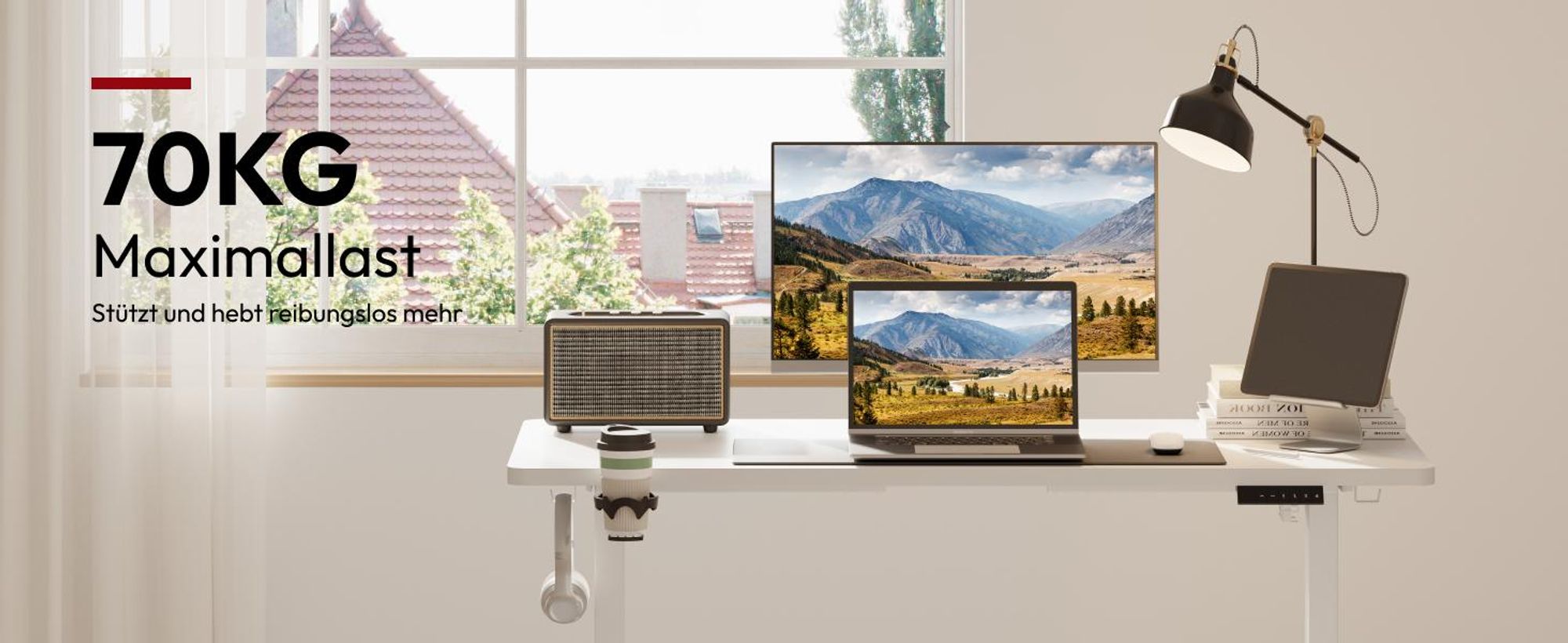 SANODESK Höhenverstellbarer Schreibtisch Upgrade 140×60cm 4 Memory-Funktion Becherhalter, Haken, Kabelmanagement 70kg Tragkraft Kollisionsschutz Weiß