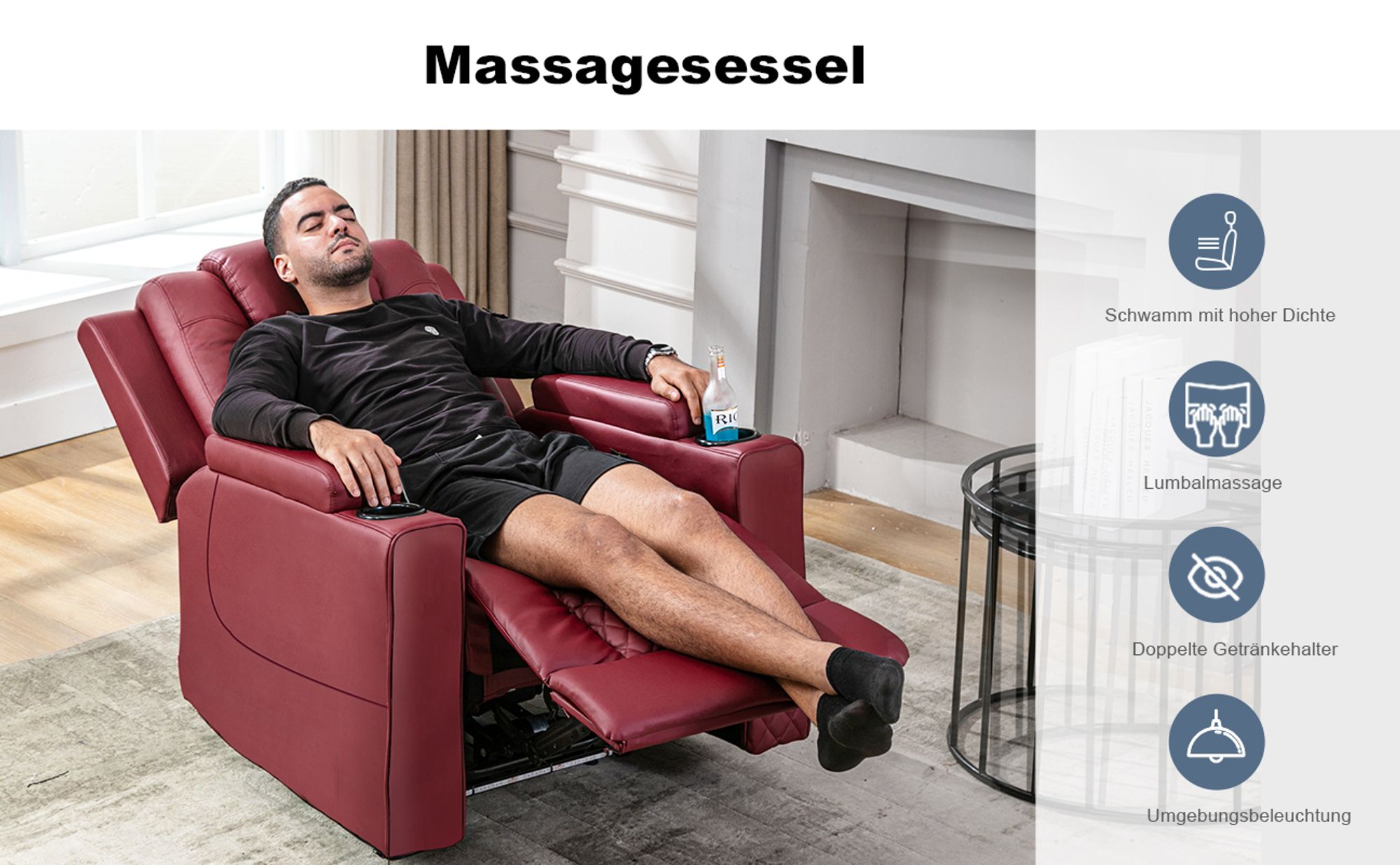 COMHOMA Elektrisch Relaxsessel TV-Sessel mit Massagefunktion, LED-Lichtern, Fernbedienung, Aufbewahrungstasche und 2 Getränkehaltern, rot.