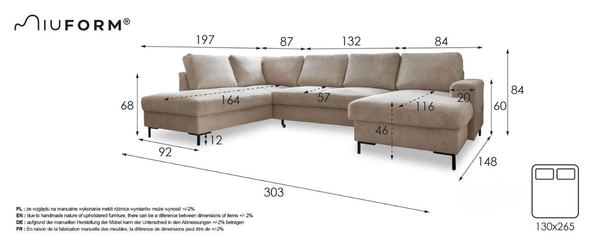 MIUFORM Lofty Lilly - Ecksofa mit Bettfunktion und Bettkasten U-FORM RECHTS - 303 x 197 cm - Grau - Sofa Schlafsofa Couch