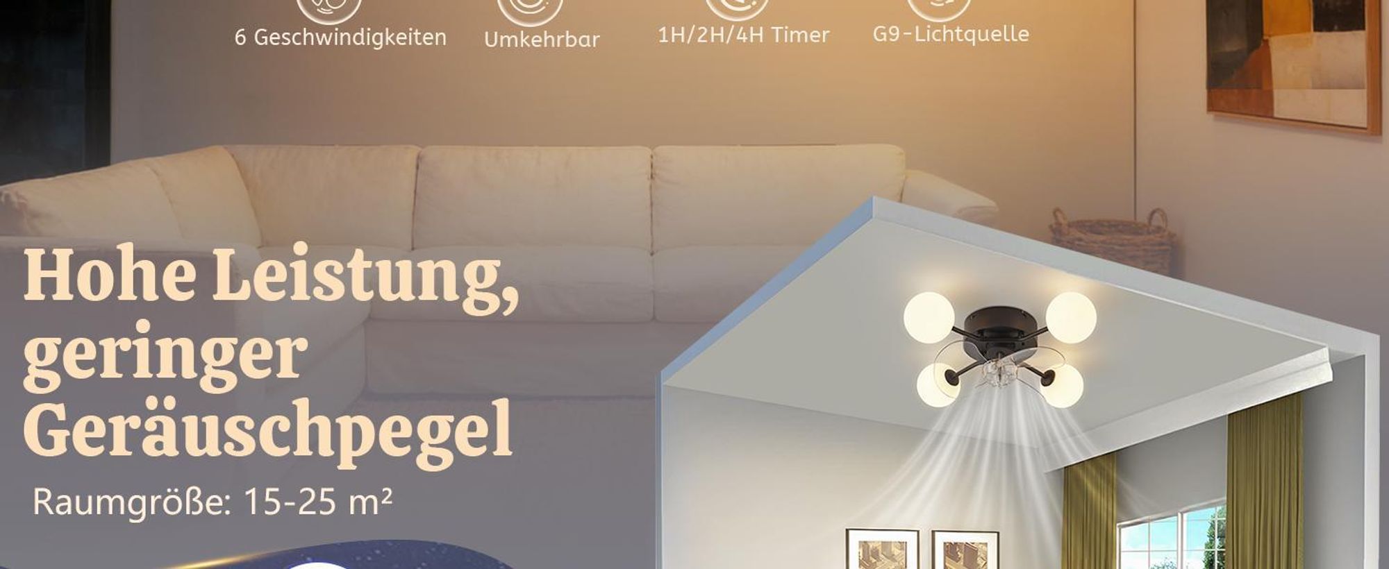 ZMH Stropný ventilátor s osvetlením G9 Tichý stropný ventilátor s diaľkovým ovládaním, 6 rýchlostí, časovač, lampa do kuchyne a jedálne, čierna