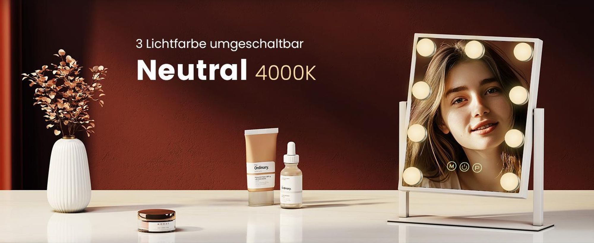 EMKE Kosmetikspiegel mit LED Belechtung 47.5X36.5cm Schminkspiegel 7x Vergrößerung 3 Lichtfarben Dimmbar 360° drehbar, Weiß