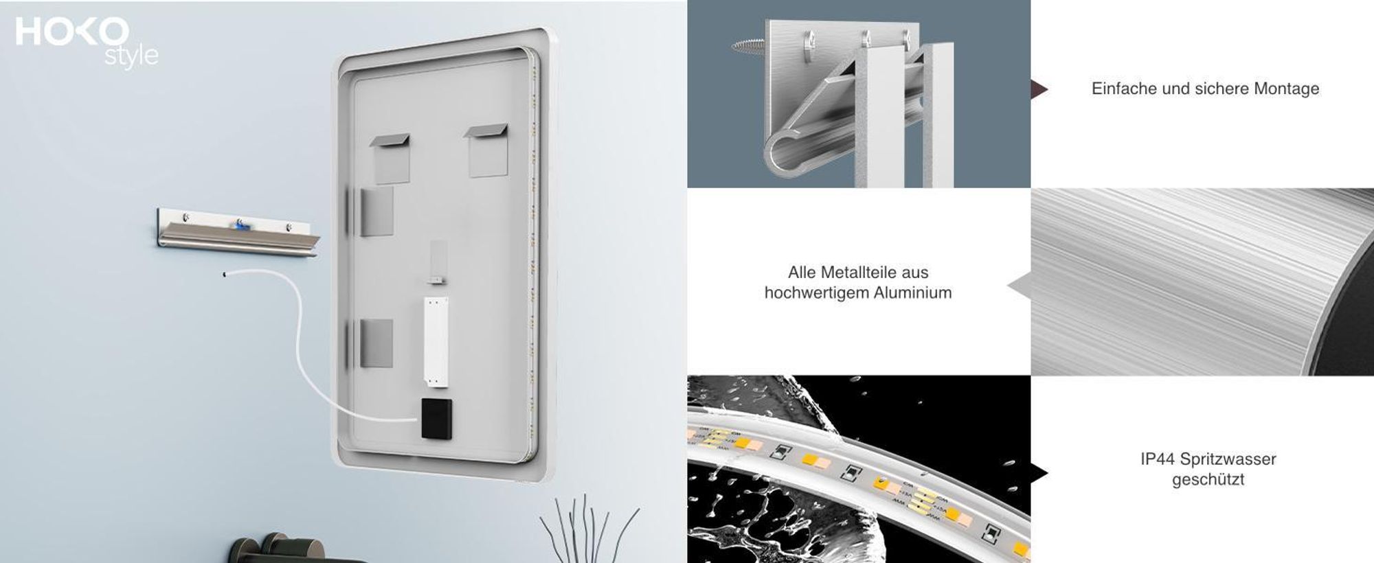 HOKO Badspiegel 70x100cm mit Rahmen+Touch Schalter+Licht Wechsel Warmweiß-Kaltweiß-Neutral Licht mit Touch Schalter und mit Wandschalter einschaltbar