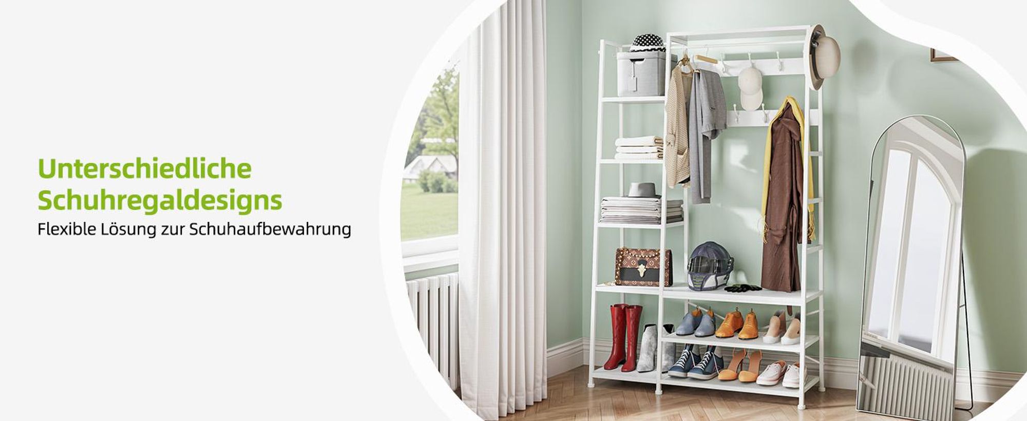 YITAHOME Garderobenständer mit Schuhaufbewahrung, Freistehender Garderobenregal mit Bank, 9 Haken & 5 Ablagen, Weiß