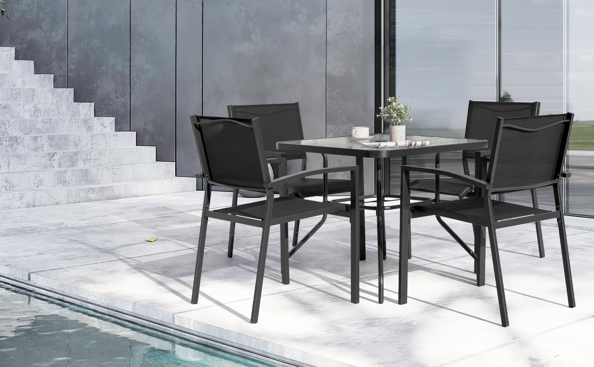 5-teiliges Gartenmöbel Set, Esstisch und 4 stapelbare Gartenstühle