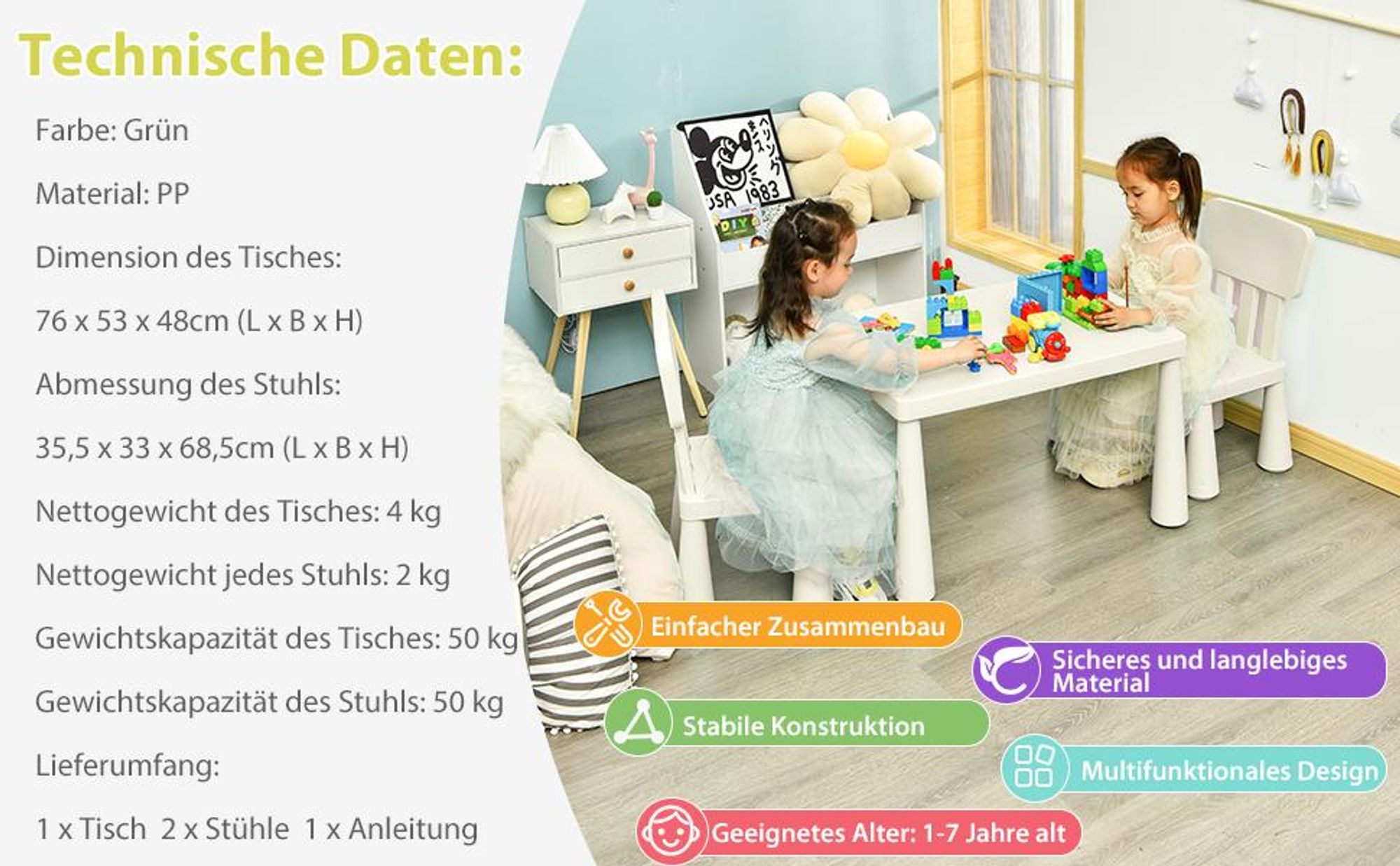 COSTWAY 3 tlg. Kindersitzgruppe, Kindertischgruppe, Kindertisch mit 2 Stühlen, Kindermöbel aus Kunststoff, Kinder-Tischset für Kinderzimmer Weiß