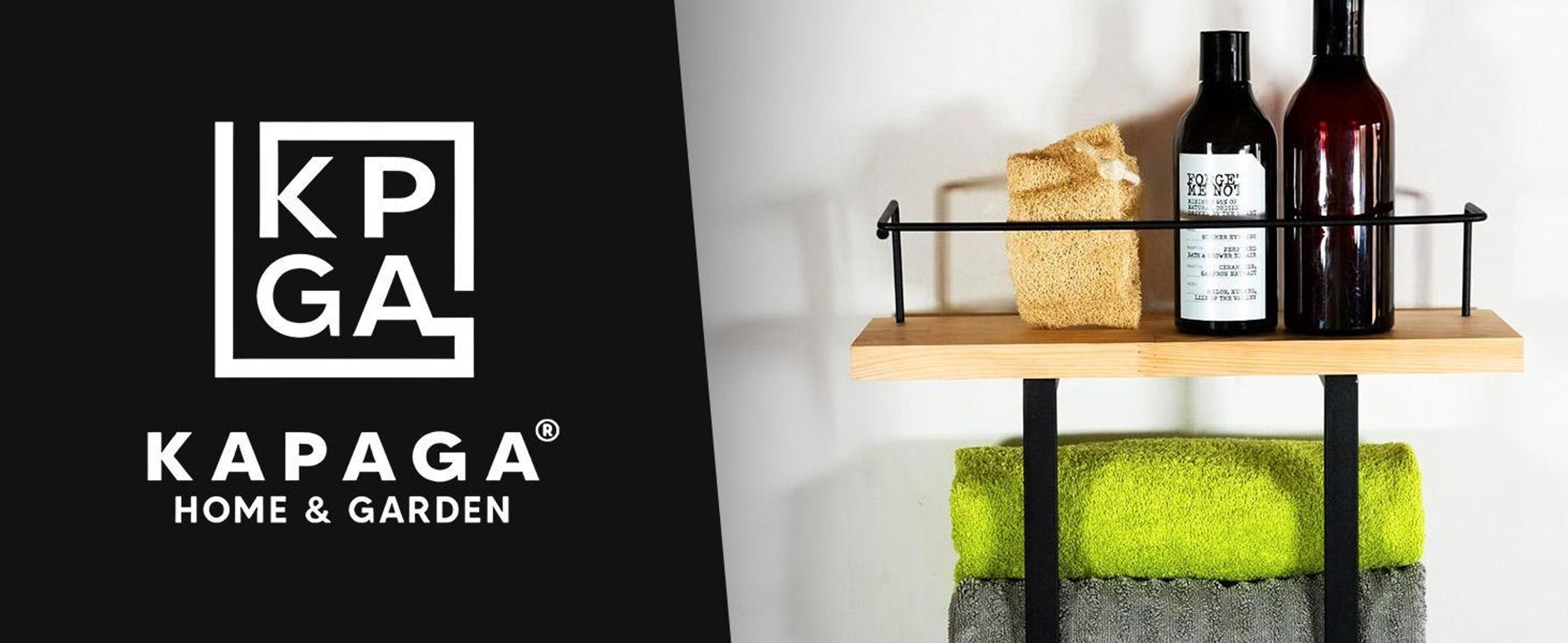 Kapaga – moderner Handtuchständer mit Holzablage und schwarzem Metallrahmen für Bad und Kosmetik.