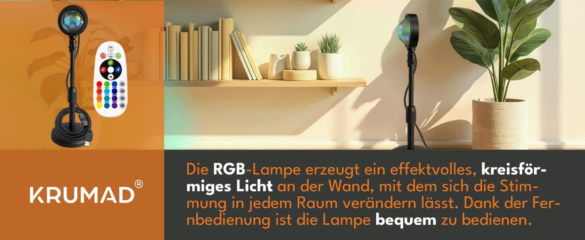 KRUMAD Sunset Lampe RGB mit Fernbedienung, Sonnenuntergang Projektor LED, USB Nachtlicht mit 16 Farben, 180° Drehbar, Schwarz